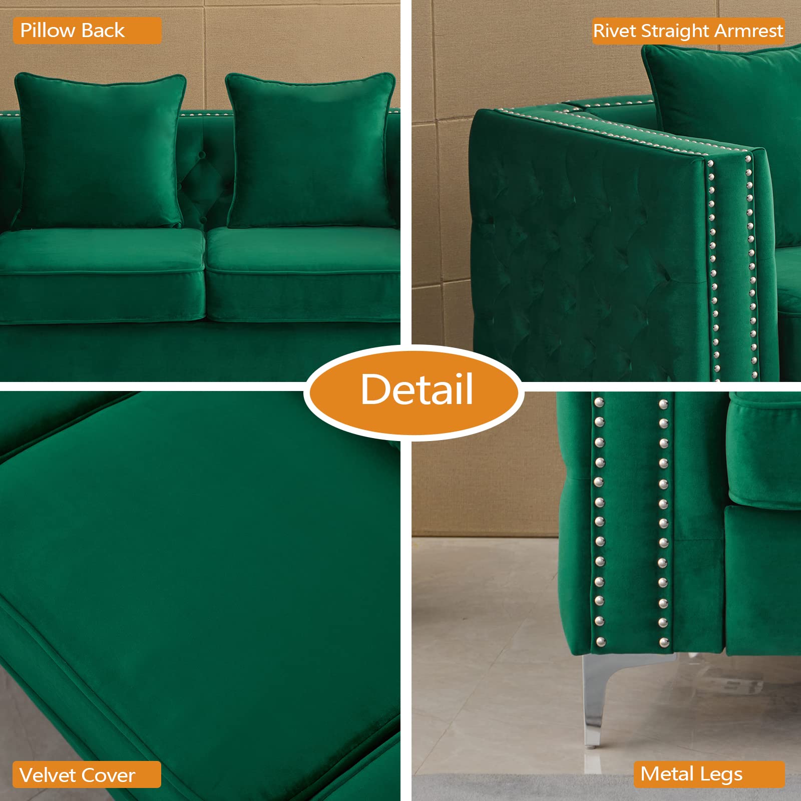 Mid-Century Modern Velvet Loveseat Sofa - Tufted Couch with Metal Legs for Living Room, Office & Bedroom - Emerald Green - Perfect for Small Spaces, Reading Nooks & Cozy Apartment Decor