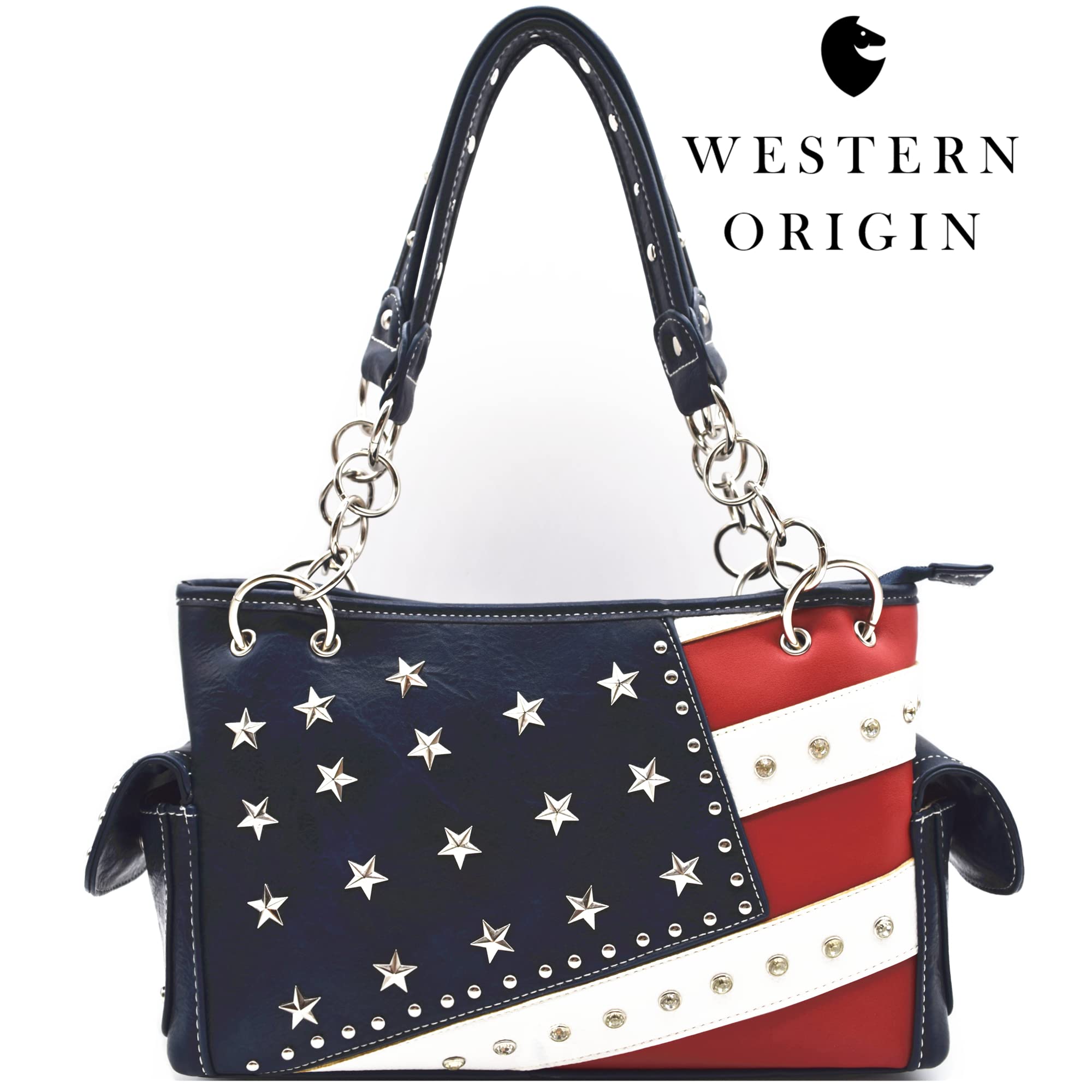 Western Origin American Flag USA Patriotic Purse - Stars & Stripes Women's Shoulder Bag Crossbody Wallet in Blue | Perfect for 4th of July, Memorial Day & Patriotic Events