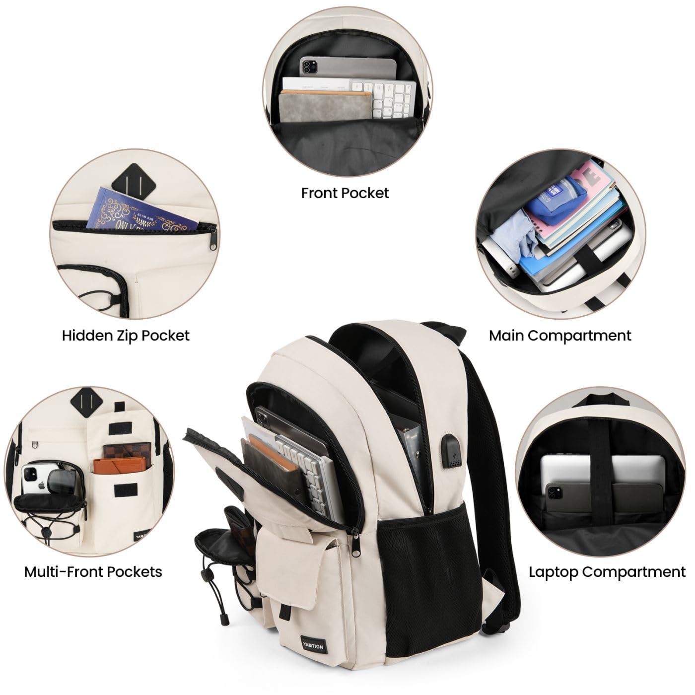 Stylish 17.3 Inch Laptop Backpack for Women & Teen Girls - Durable School Bookbag, College Backpack with USB Charging Port - Perfect for Work, Travel & Daily Commute (Beige)