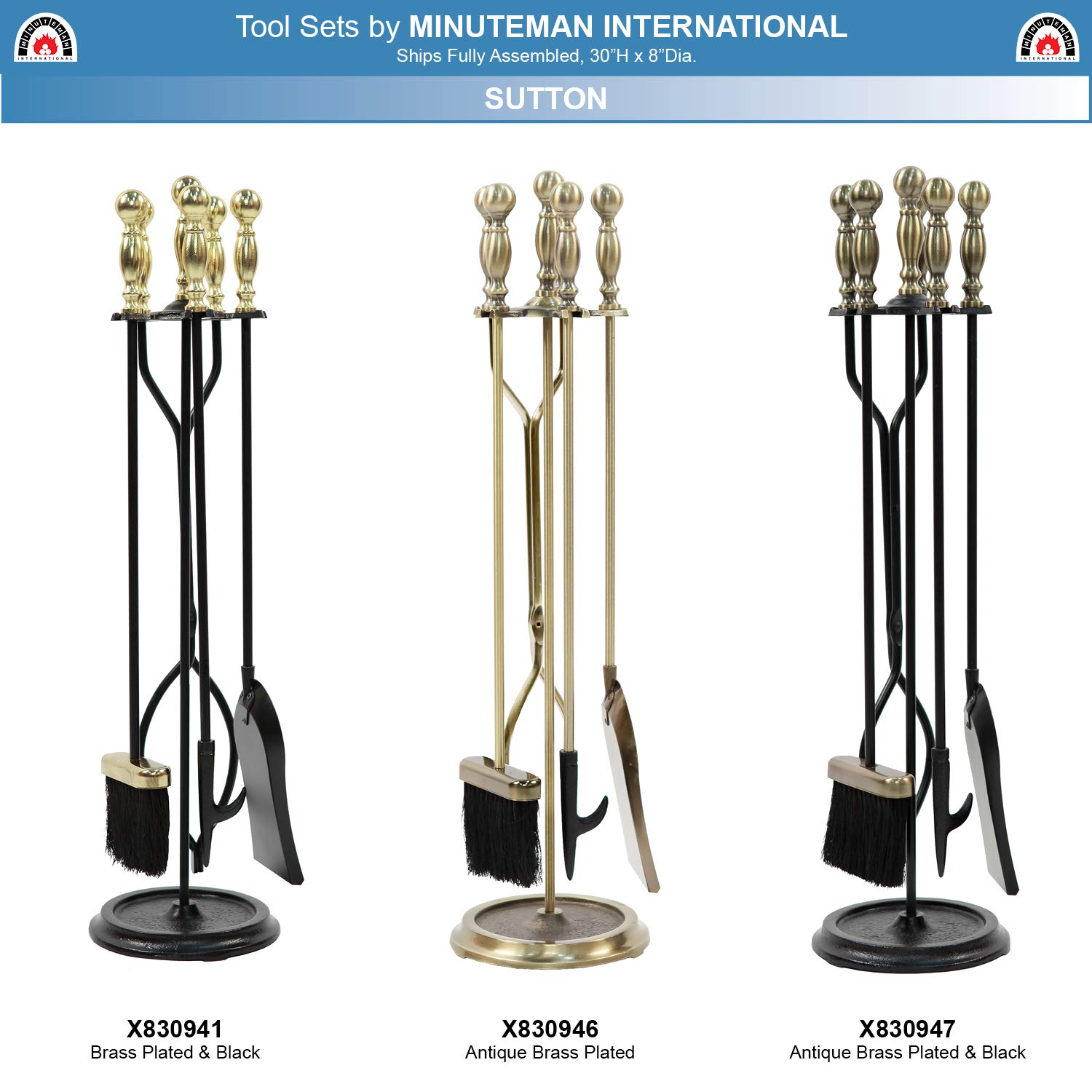Sutton 5-Piece Fireplace Tool Set - Antique Brass & Black Finish - Heavy Duty Fireplace Accessories for Wood Burning Stoves & Fire Pits - Perfect for Indoor & Outdoor Use