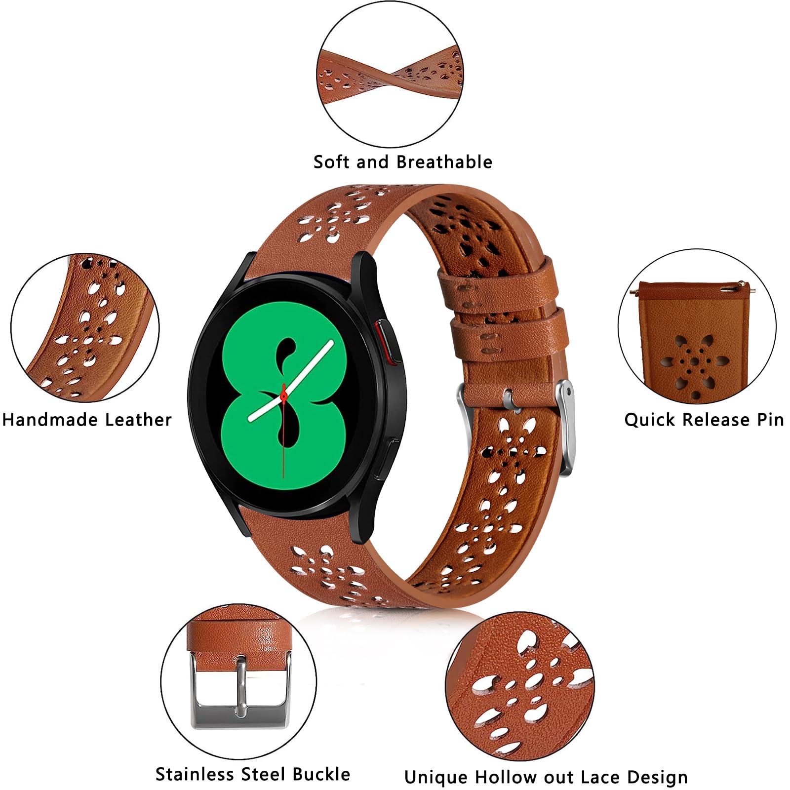 Leather Band Compatible with Samsung Galaxy Watch 6/5/4/Active 2/3 - 20mm Quick Release Breathable Hollowed Strap for 40mm 42mm 44mm 46mm Smartwatches - Perfect for Workouts, Office & Casual Wear