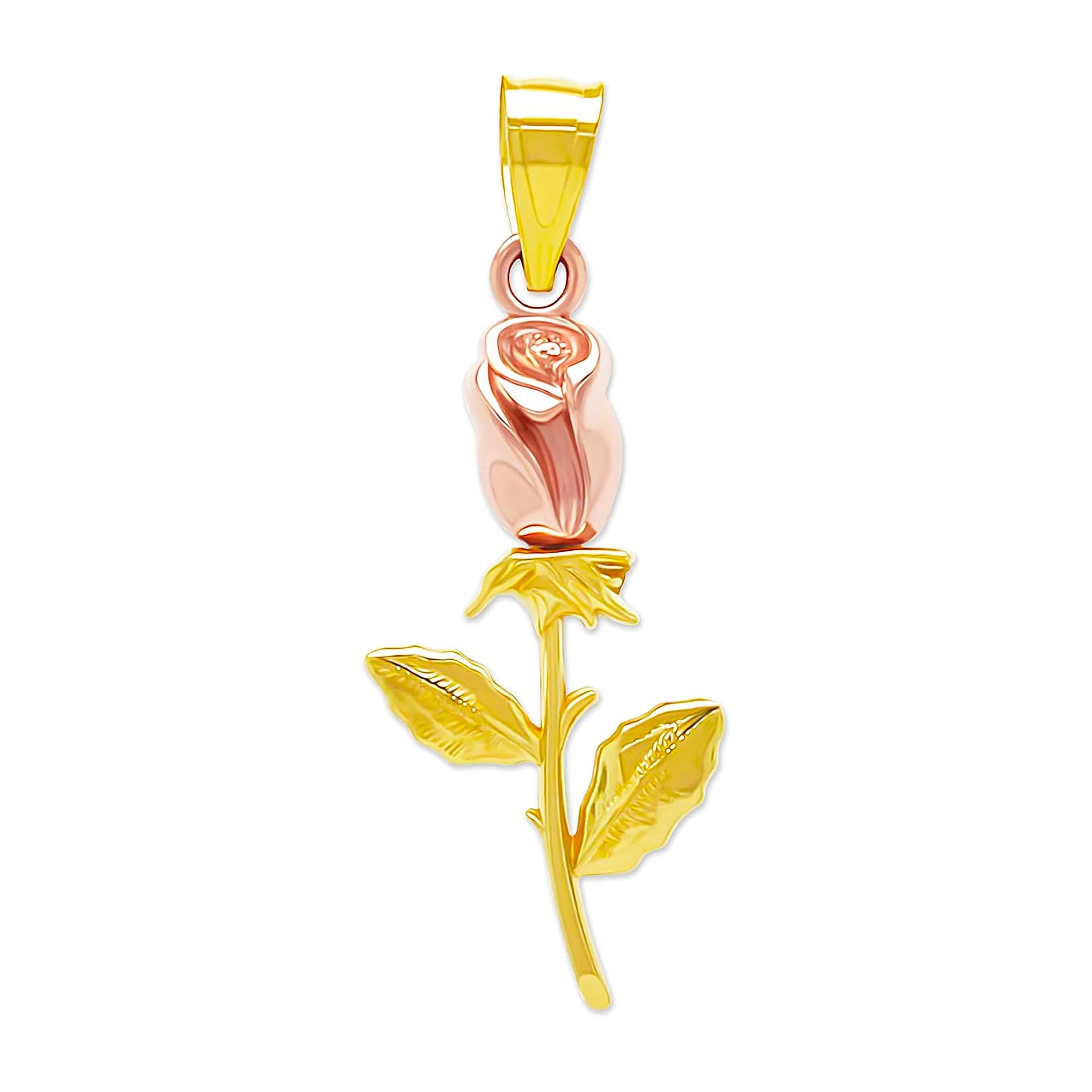 10K Solid Yellow & Rose Gold Long Stem Rose Charm Pendant - Elegant Rose Flower Dangle Charm for Jewelry Making - Perfect Mother's Day Gift & Birthday Present for Women - Ideal for Necklaces, Bracelets & DIY Jewelry Projects