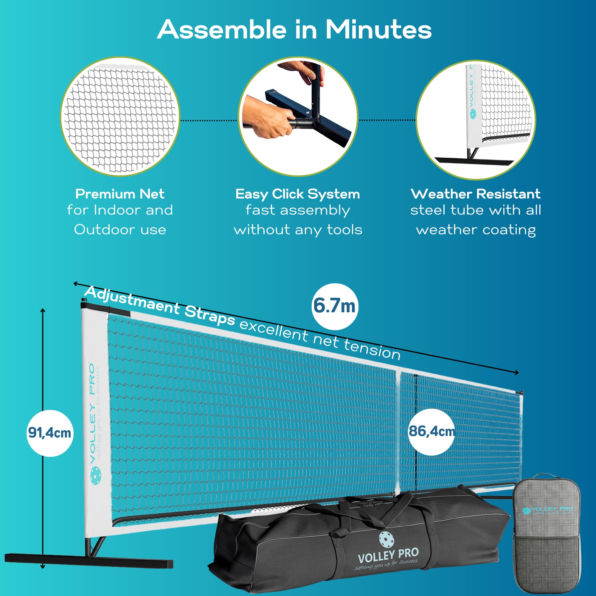 VolleyPro Portable Pickleball Set with Net - 4 Carbon Fiber Paddles, Duffle Bag, Regulation Size Net System, 4 Indoor/Outdoor Balls | Complete Pickleball Kit for Backyard, Beach & Court Games | Easy Assembly & Carry Bag Included