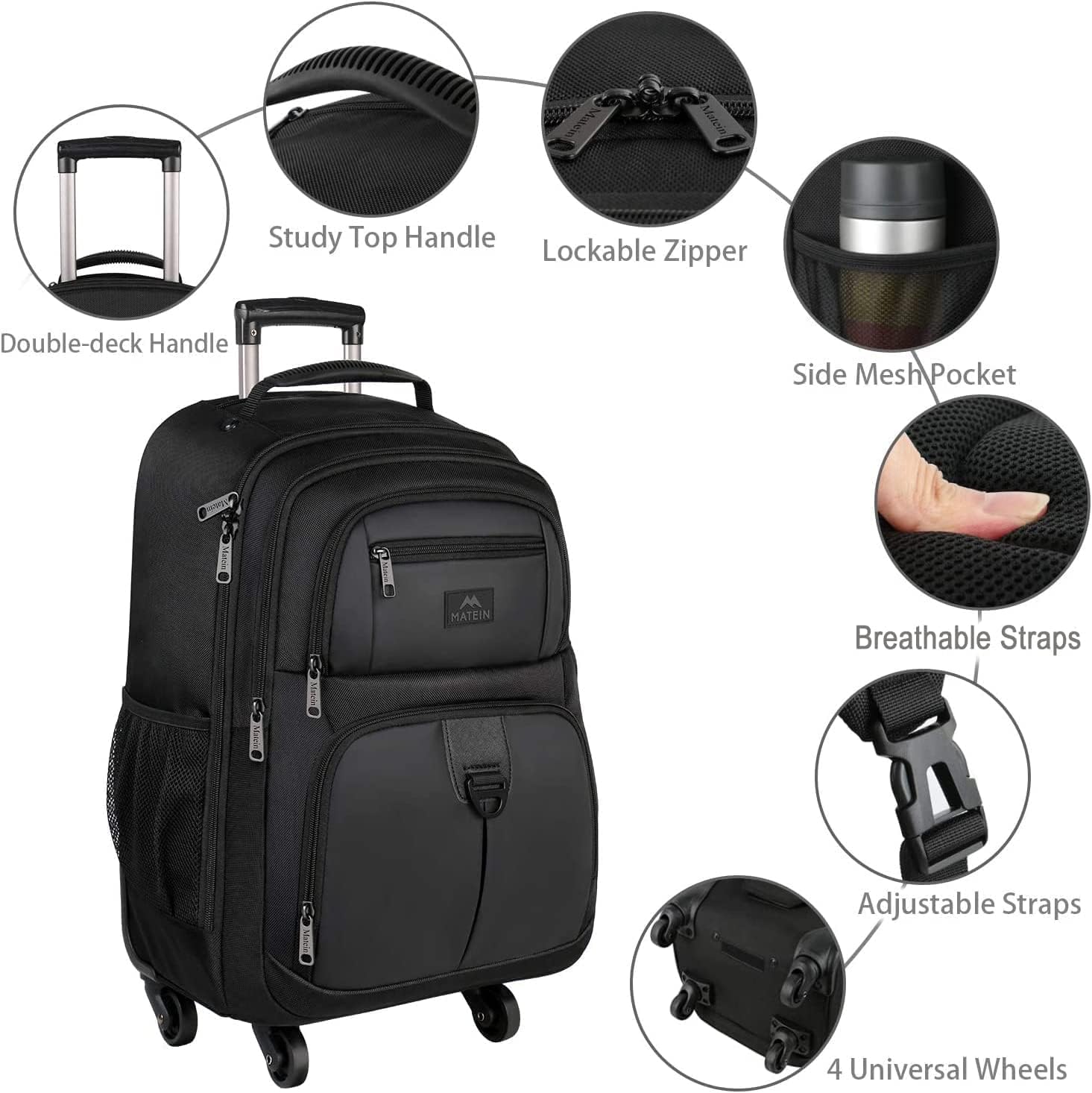 **MATEIN 18-Inch Rolling Laptop Backpack - 4-Wheel Spinner Travel Laptop Bag for Men & Women, Heavy Duty Wheeled Business Backpack for Work, Office & Air Travel - Perfect for Commuting & Business Trips (Black)**