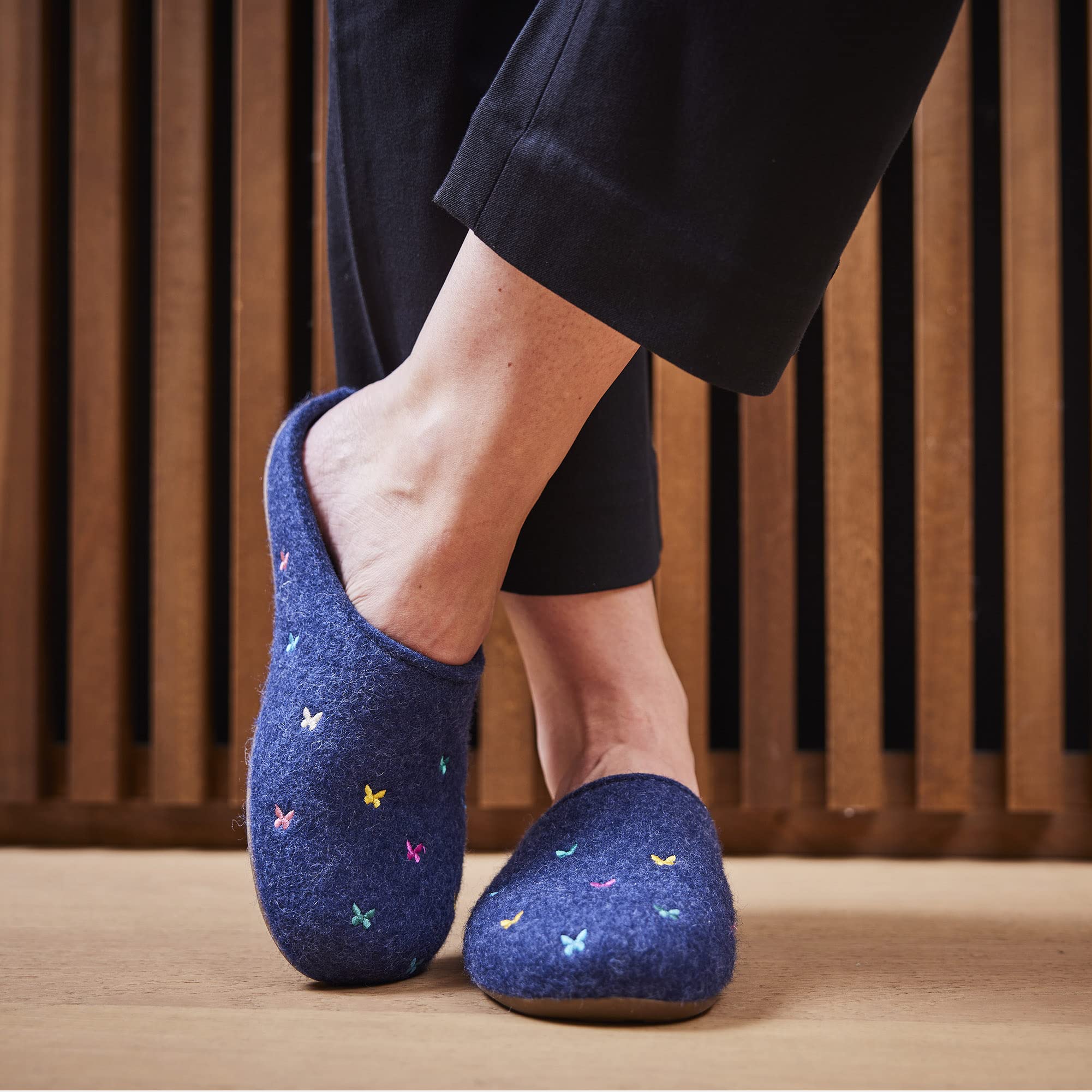 HAFLINGER Fafalline Wool Felt Butterfly Motif Women's Slip-On Mule Slippers - Unisex Comfort House Shoes for Indoor & Lounge Wear