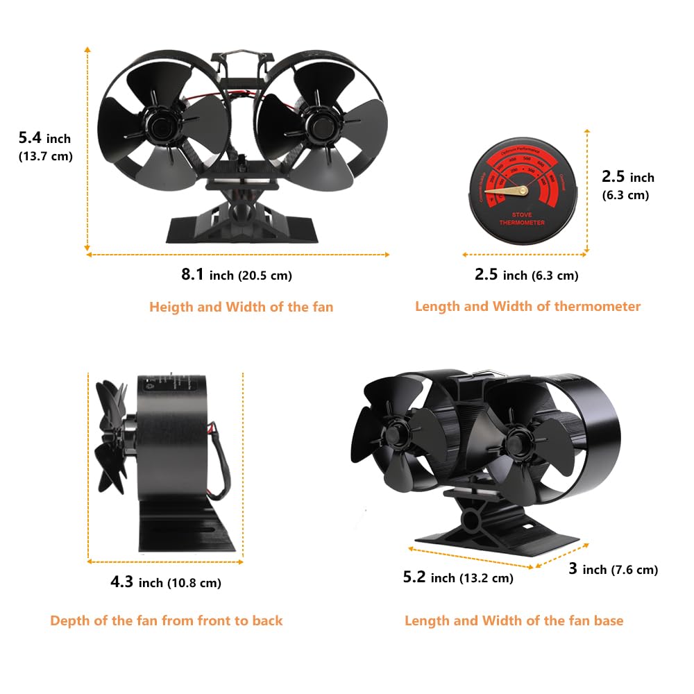 CRSURE 8-Blade Heat Powered Wood Stove Fan - Eco-Friendly Fireplace Fan for Log Burner, Wood Burning Stoves & Fireplaces with Built-in Thermometer | Silent Operation, Energy Efficient | Perfect for Cabin Heating, Camping & Winter Home Use
