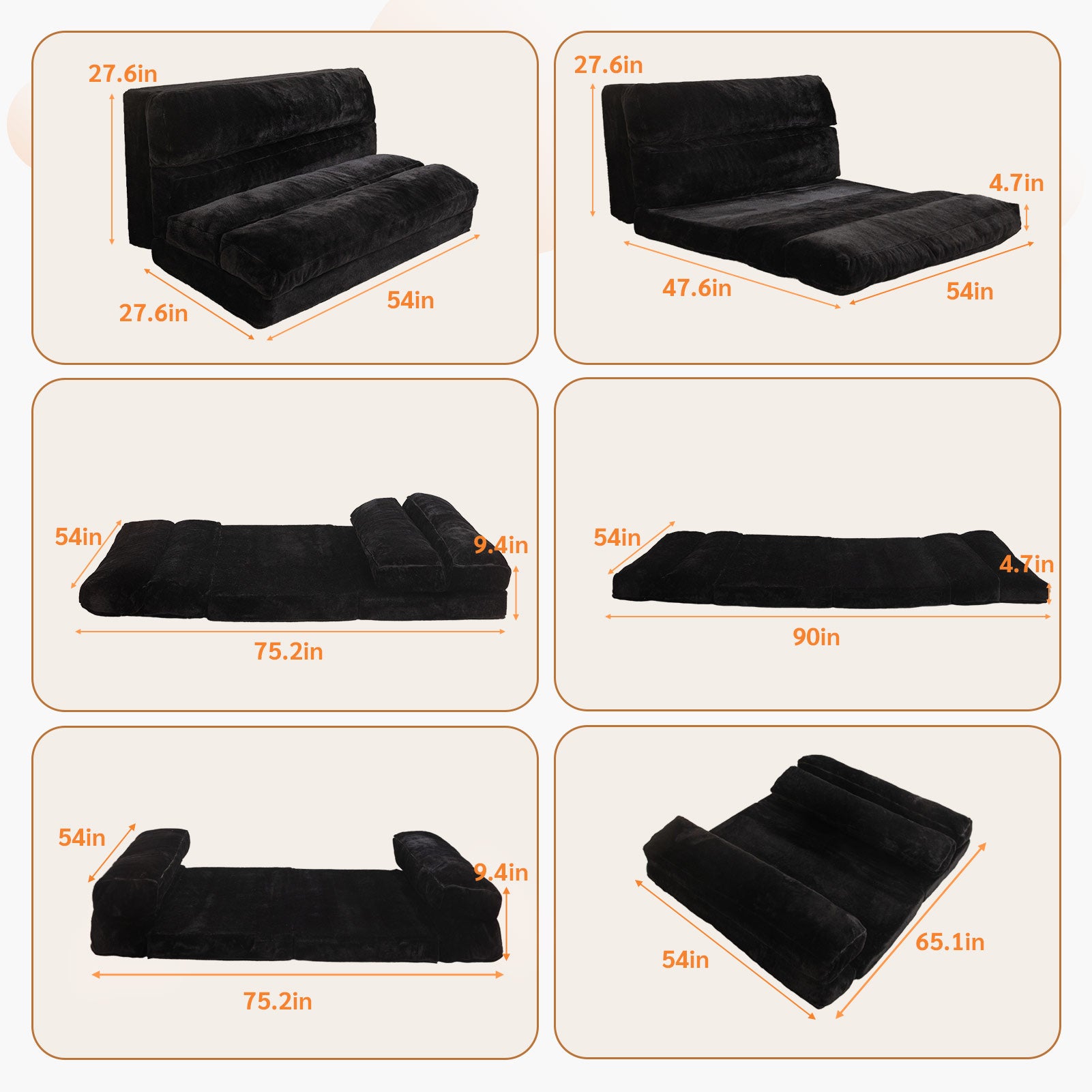 MAXYOYO Extra Wide Bean Bag Bed - Foldable Sofa Bed & Full Floor Mattress for Adults & Teens - Comfortable Lounger for Living Room, Bedroom, Dorm - Black (Home, Office, Camping)