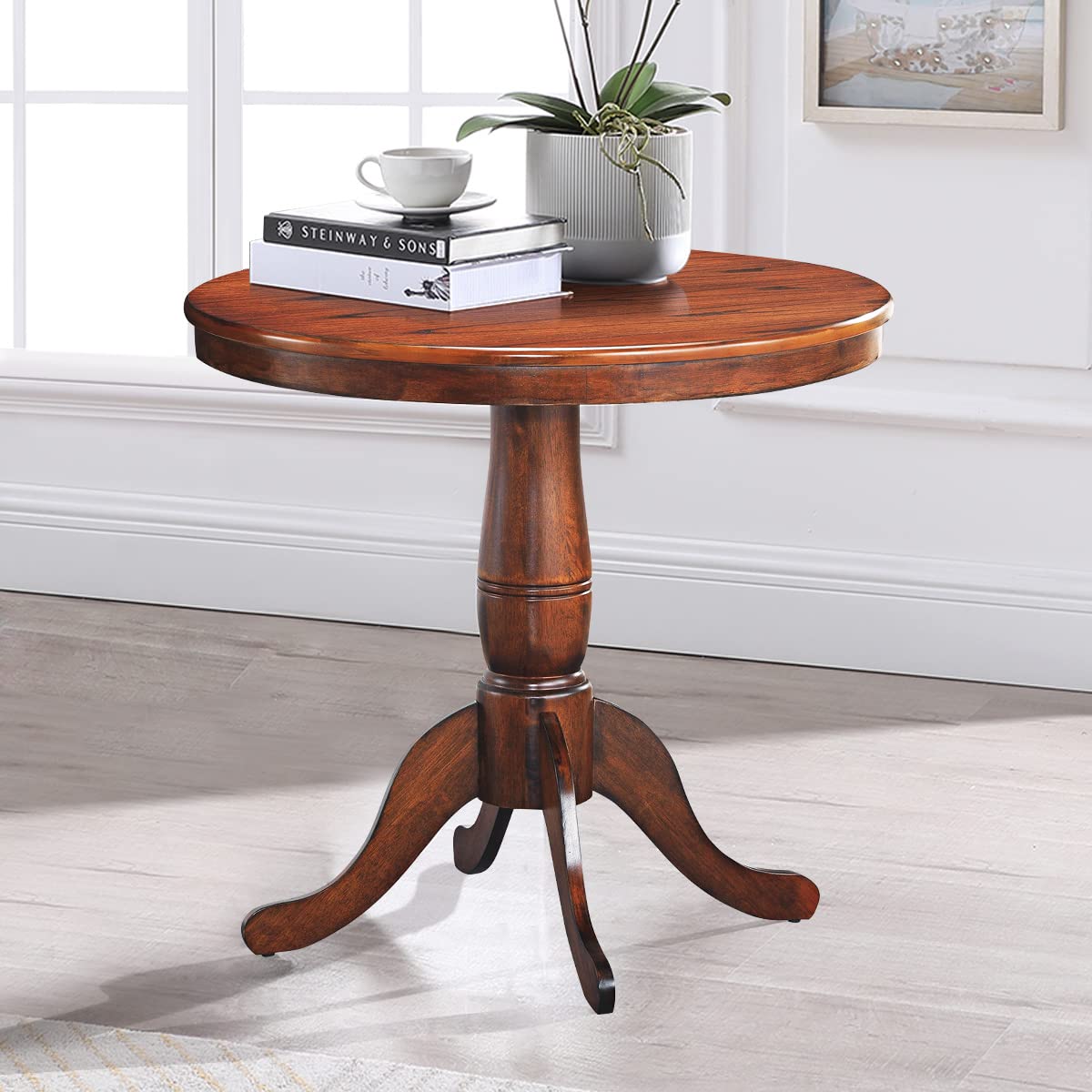 MIDDOW 32 Inch Round Dining Table - Solid Rubber Wood Pub Table with Smooth Edges & Foot Pads, Multi-Purpose Side Table for Kitchen, Restaurant, Cafe, Living Room (Walnut Finish, Model HW63397) - Perfect for Small Space Dining, Coffee Break, and Home Office Workspace