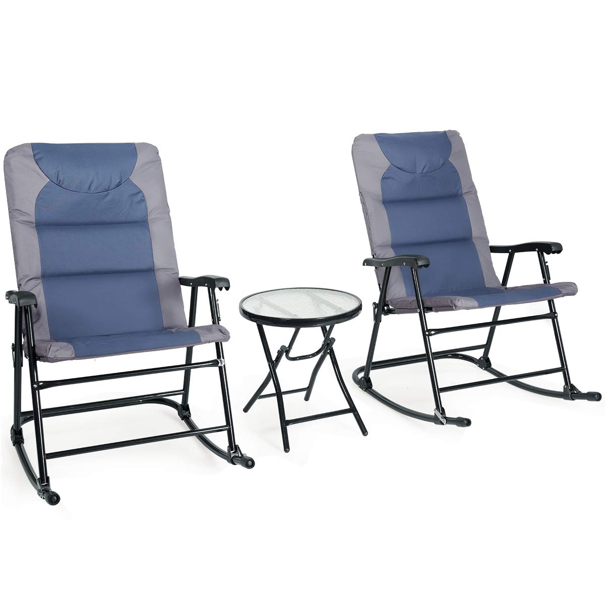 RELAX4LIFE 3-Piece Outdoor Bistro Set with 2 Foldable Rocking Chairs & 1 Tempered Glass Table - Patio Furniture for Balcony, Garden, Backyard, Deck (Blue) | Perfect for Relaxing, Entertaining Guests, and Enjoying Morning Coffee Outdoors
