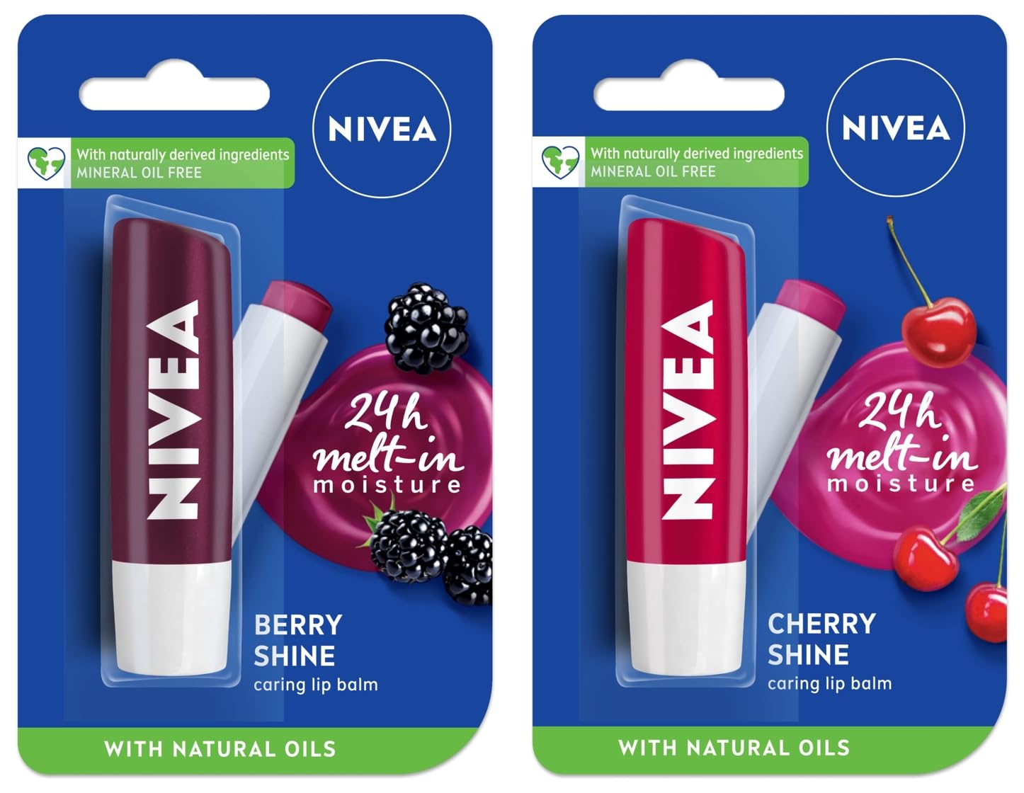 NIVEA Fruity Blackberry Shine Lip Balm 4.8g & NIVEA Fruity Cherry Shine Lip Balm 4.8g - Hydrating Moisturizing Lip Care for Dry Lips, Perfect for Winter Skincare & Daily Use