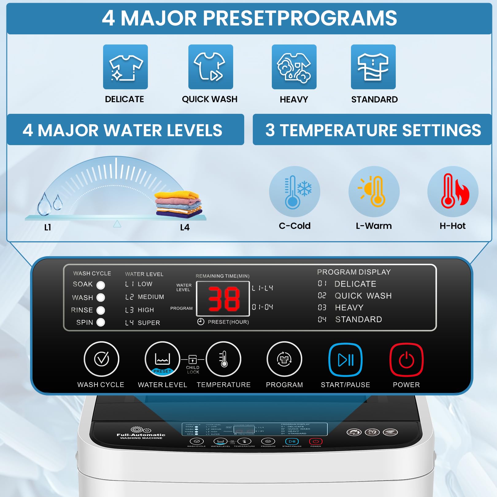 Nictemaw 20Lbs Portable Washing Machine with Drain Pump - 2.8Cu.ft Full-Automatic Compact Washer, 4 Programs, 4 Water Levels, 3 Temperature Settings - Perfect for Apartments, RVs, Dorms & Small Spaces - Ideal for Laundry in Tight Spaces, Travel & Off-Grid Living