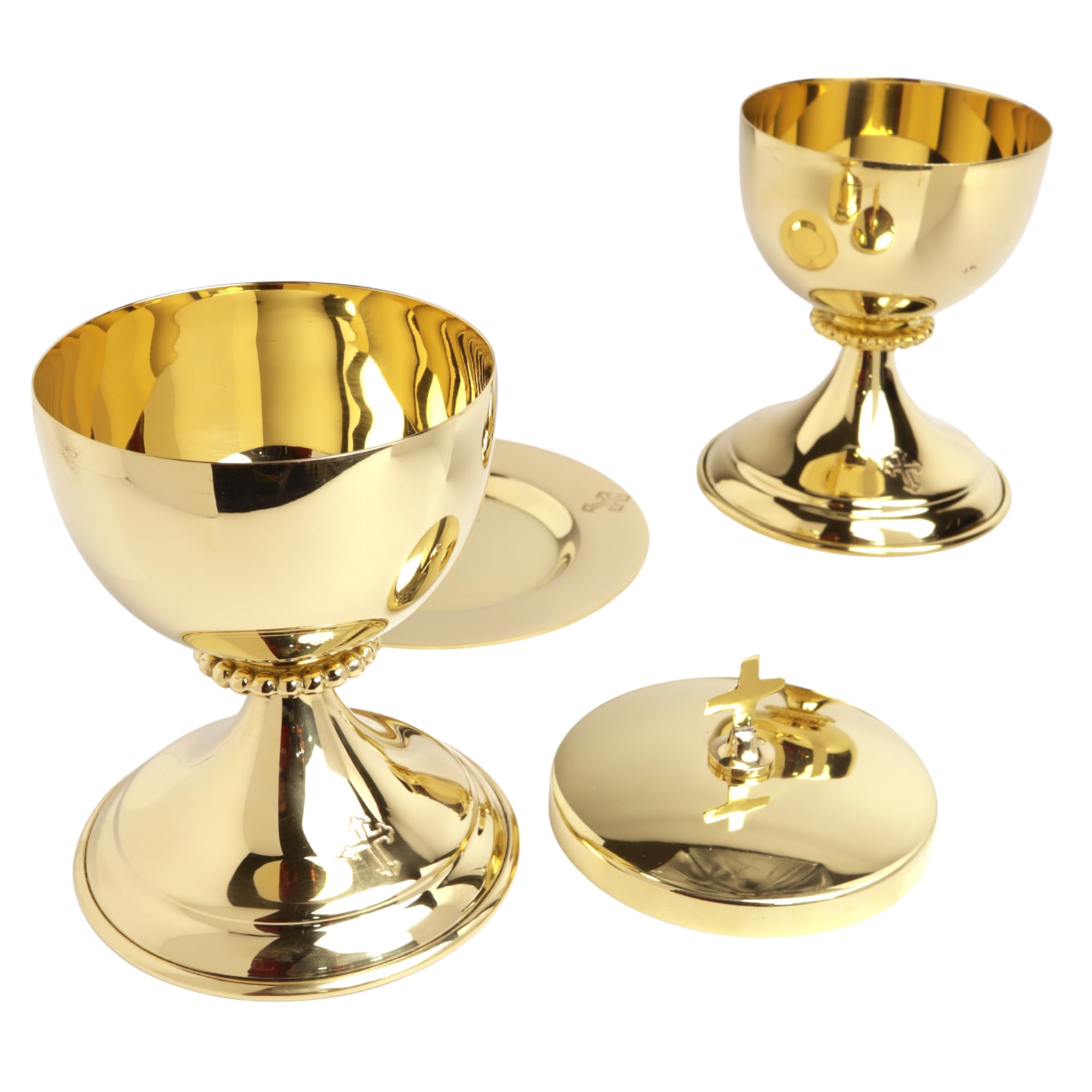 Needzo High Polished Brass Chalice, Paten and Ciborium Set - 5.75 Inch Catholic Church Communion Supplies for Holy Eucharist, Mass Celebrations & Religious Ceremonies