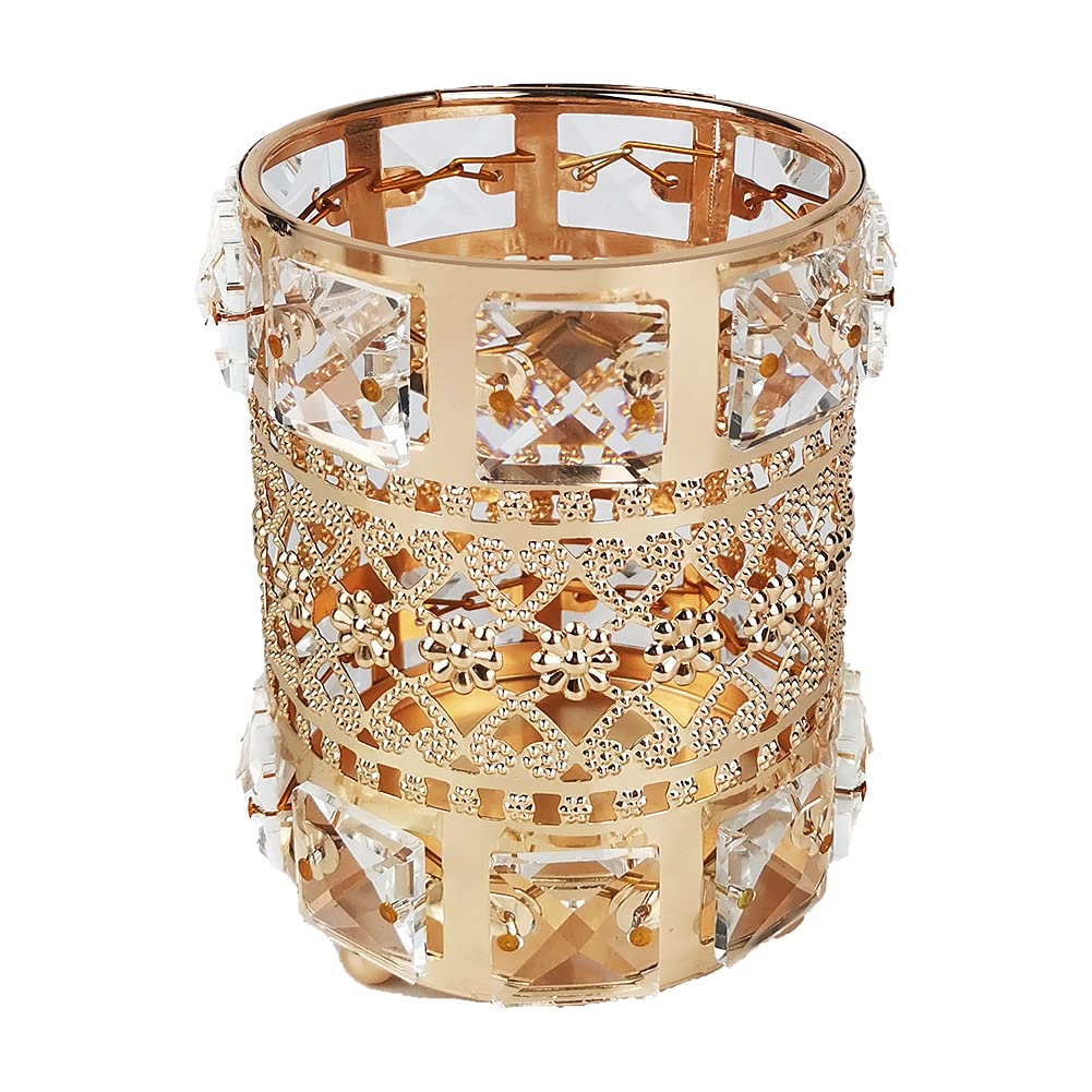 Gold Makeup Brush Holder Organizer - Crystal Bling Vanity Decor for Women & Girls | Personalized Pen Pencil Storage Box | Perfect for Bedroom, Bathroom & Dressing Table Organization