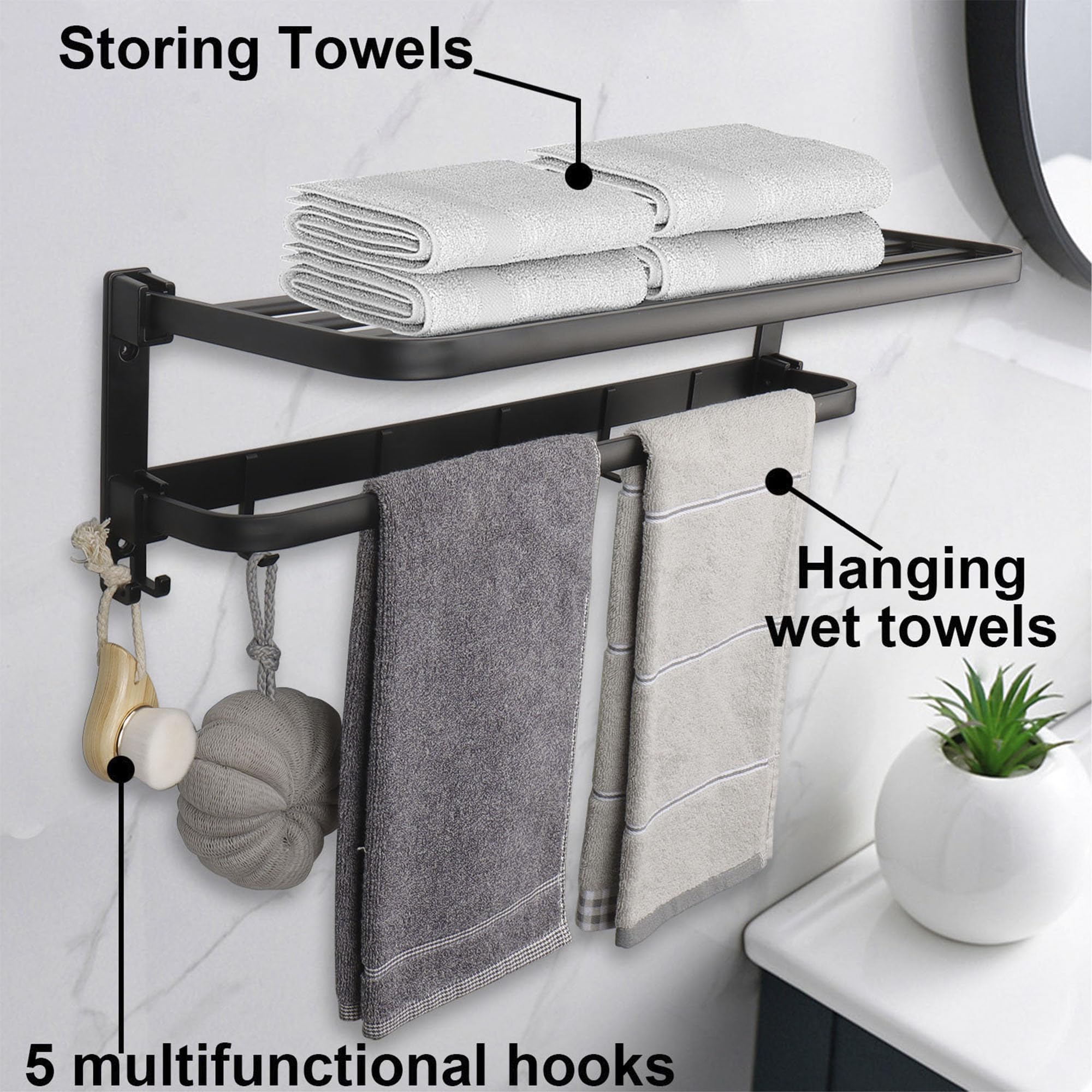 Foldable Stainless Steel Towel Rack for Bathroom - 24 Inch Double Towel Bars with 7 Hooks - Wall Mounted Space Saving Towel Holder - Perfect for Small Bathrooms, Laundry Rooms & Kitchen Towel Storage (Black)
