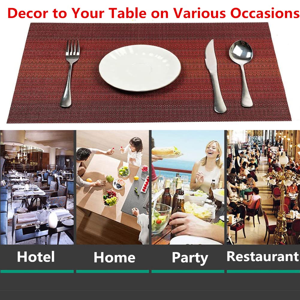 Washable PVC Table Placemats Set - 6 Woven Vinyl Dining Mats + 1 Table Runner in Wine Red | Waterproof & Durable for Everyday Meals, Dinner Parties & Holiday Decor