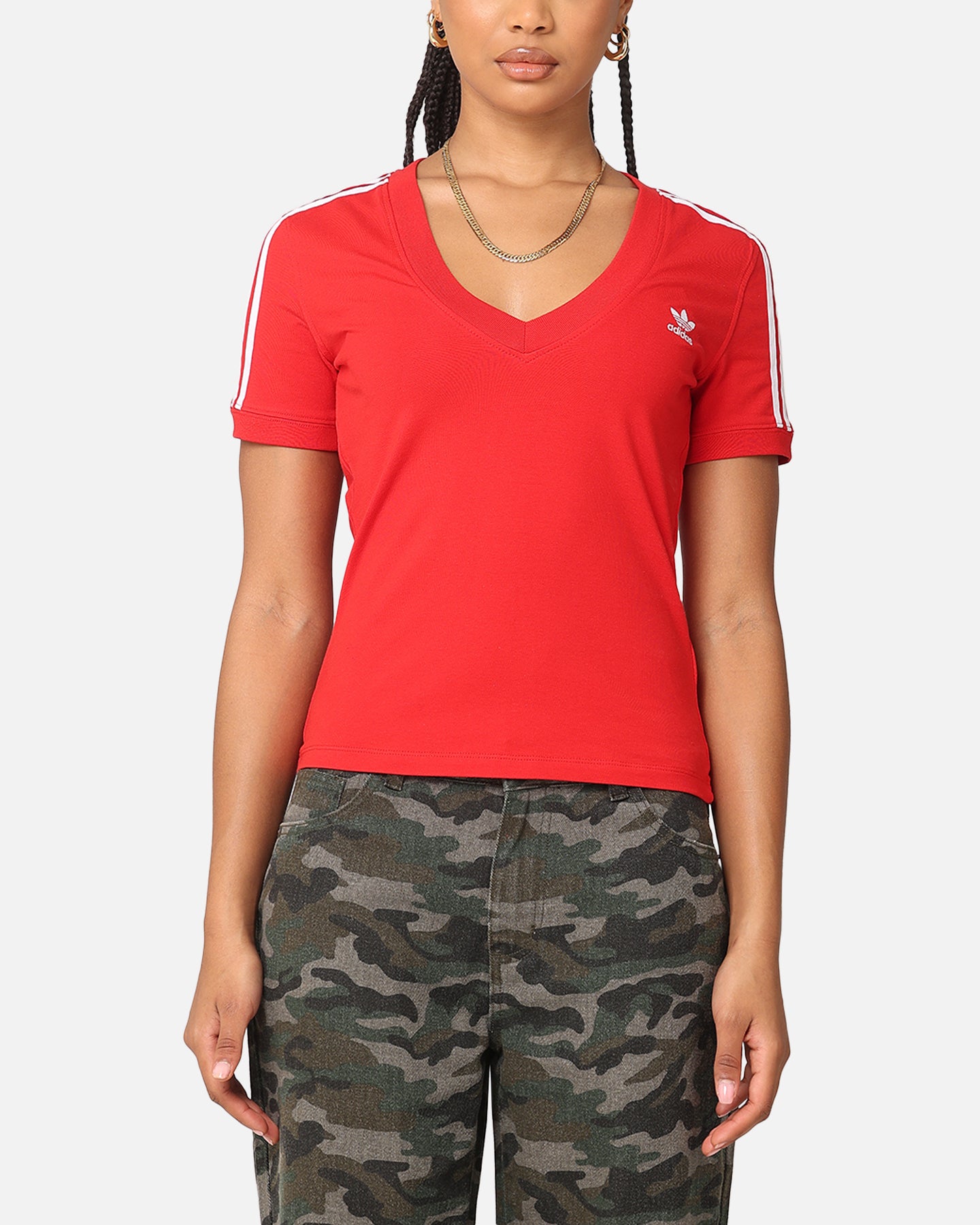 Adidas Women's 3 Stripe V-Neck T-Shirt - Better Scarlet - Casual Athletic Top for Running, Gym & Everyday Wear