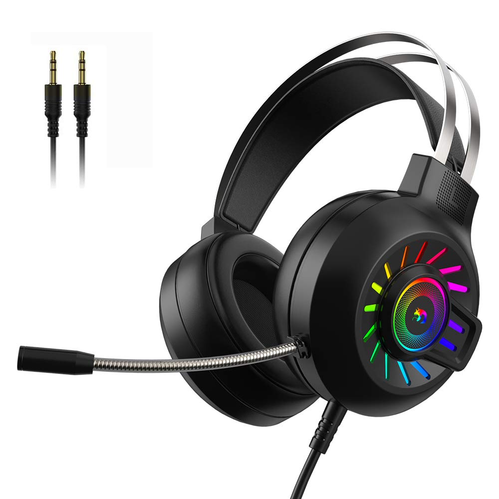 Best Gaming Headset for PS4, PC & Xbox - 3.5mm Wired Over-Ear Headphones with RGB Rainbow Backlight, Stereo Surround Sound & Noise Cancelling Mic - Perfect for Competitive Gaming & Streaming (Black)