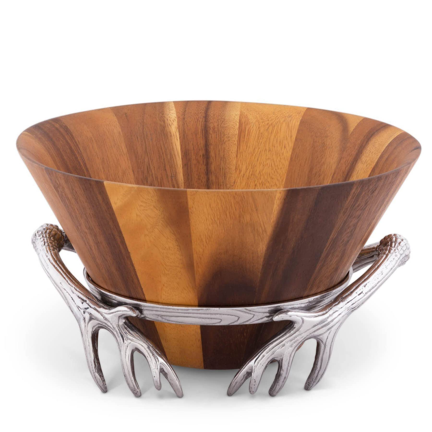 Premium Acacia Wood Salad Bowl with Antler Pattern Aluminum Stand - 8