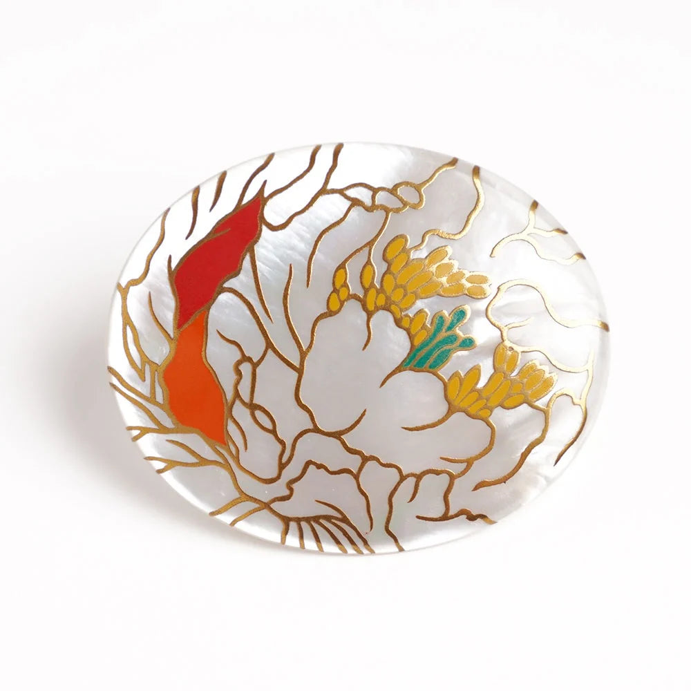 Exquisite Maki-e Urushi Lacquer Brooch with White South Sea Pearl Shell & Peony Design | Traditional Japanese Lacquer Jewelry | Perfect for Kimono Accessories, Formal Occasions & Gift Giving