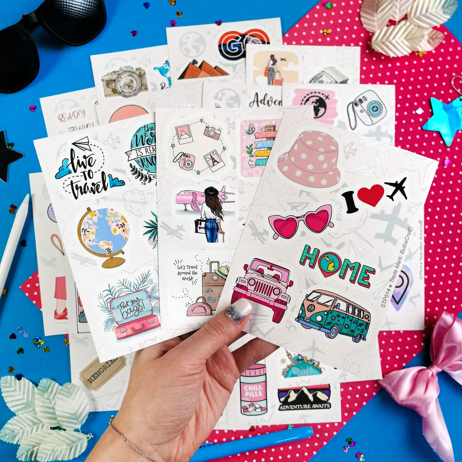 BulbaCraft 100Pcs Cute Travel Stickers for Girls - Waterproof Vinyl Decals for Water Bottles, Notebooks, Laptops & Luggage - Perfect for Travel Journals, Road Trips & Adventure Scrapbooking - Fun DIY Stickers for Suitcases, Planners & Gift Wrapping
