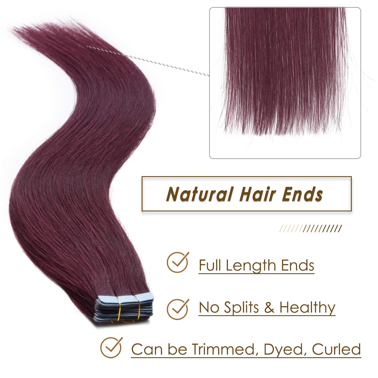 S-noilite 24 Inch Burgundy Tape in Hair Extensions - 50g 20Pcs Real Human Hair Skin Weft Seamless Extensions #99J Wine Red - Perfect for Parties, Weddings & Daily Styling