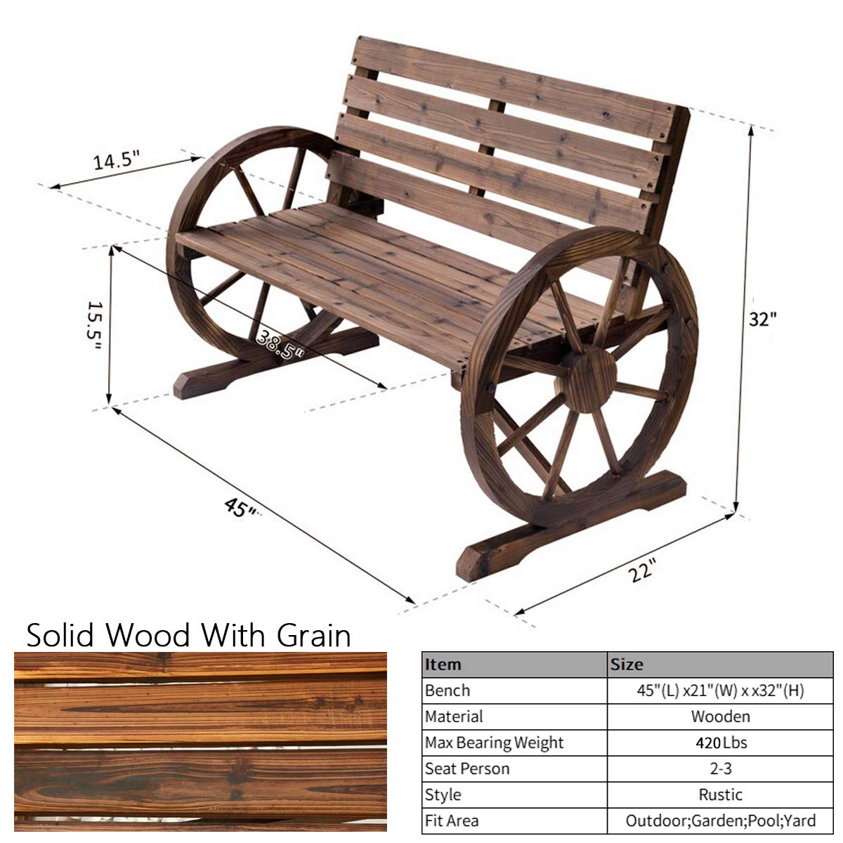Rustic Wagon Wheel Design Wooden Outdoor Bench - 45