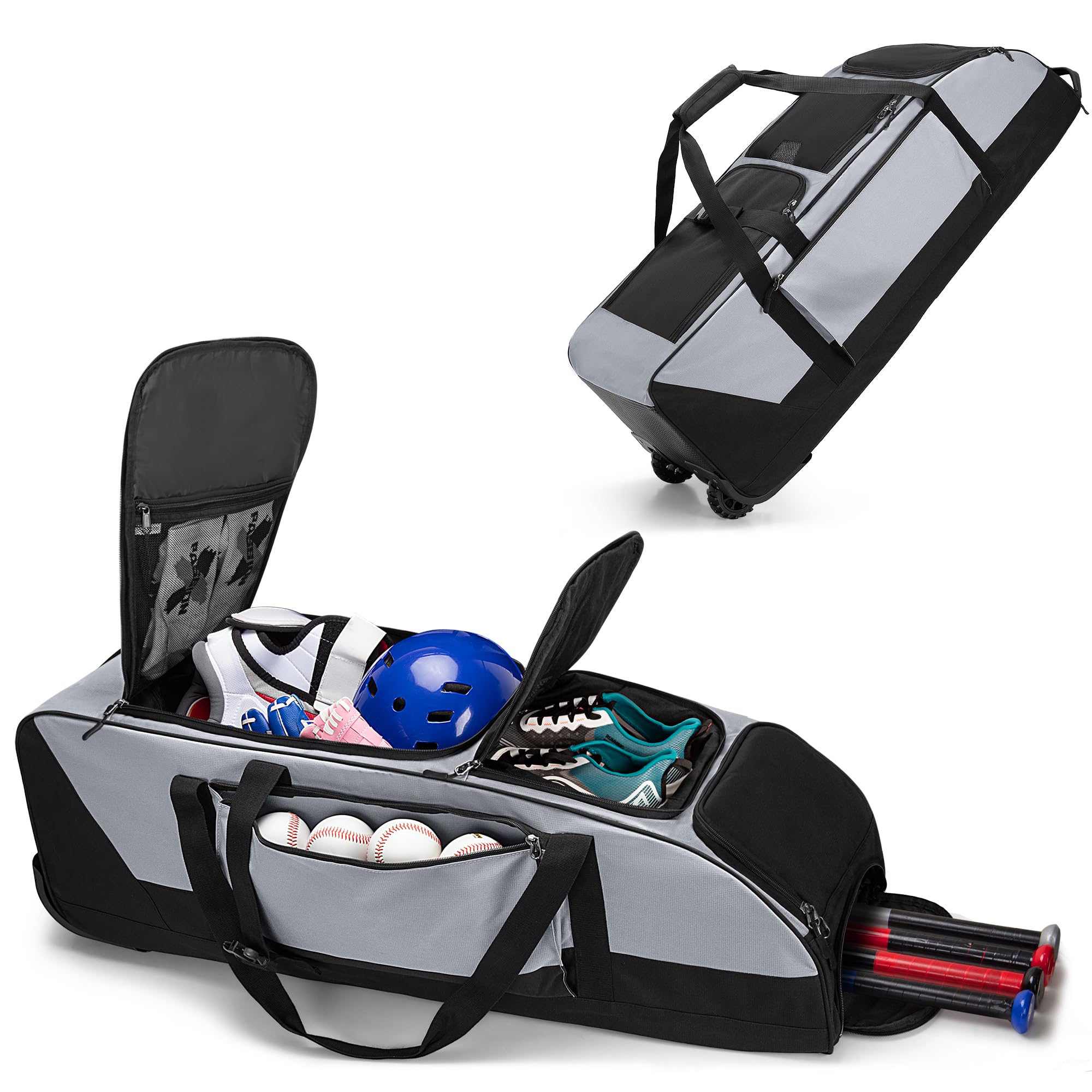 Best Rolling Baseball & Softball Bag with Wheels - Holds 4 Bats, Duffle Style with Separate Shoe Compartment & Multiple Pockets for Equipment Storage - Perfect for Travel & Practice - Gray