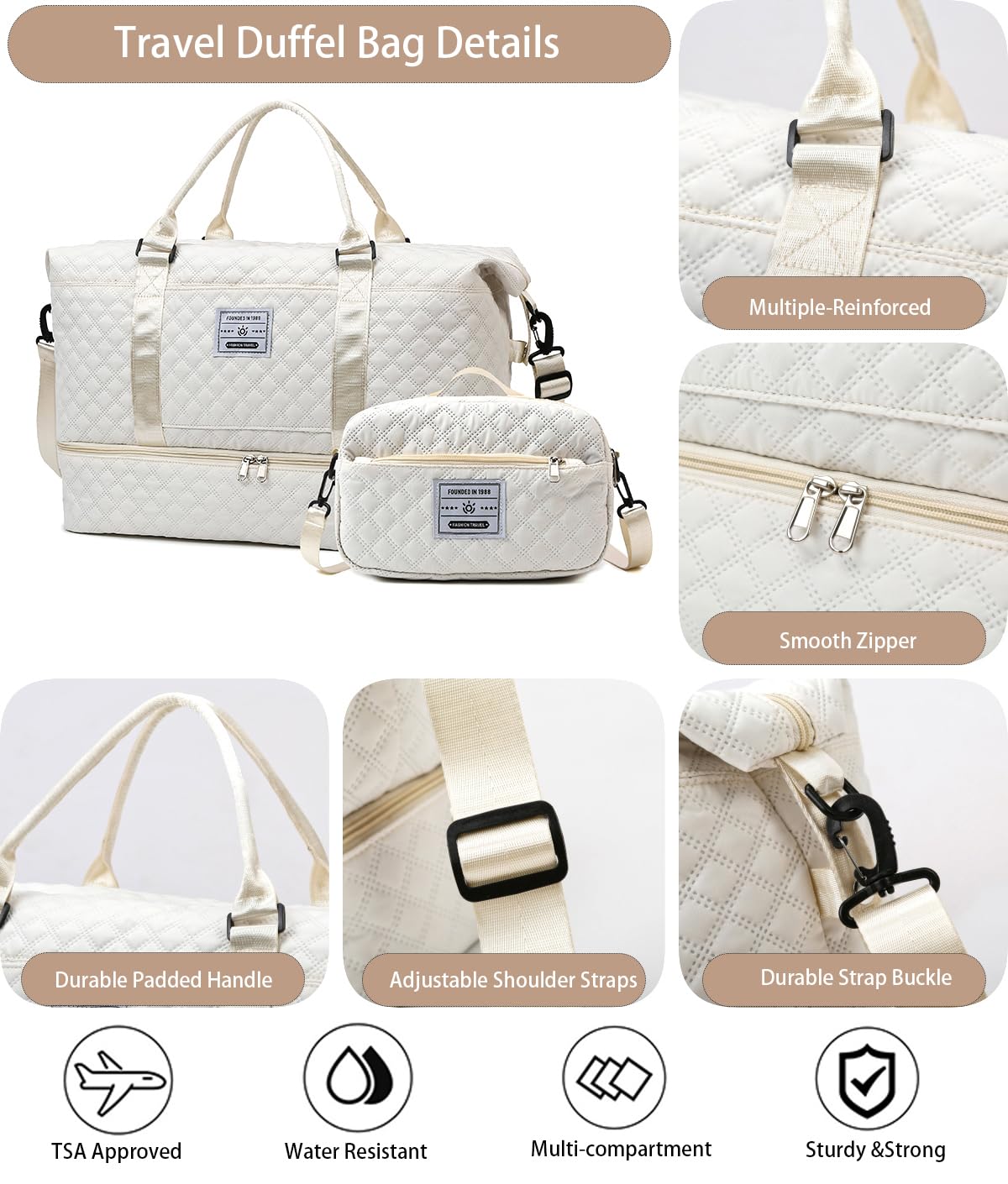 Best Travel Duffle Bag for Women - Waterproof Weekender Overnight Bag with Shoe Compartment & Wet Pocket, Gym Duffel, Hospital Bag for Labor - Perfect for Travel, Gym, Maternity & Weekend Getaways (Beige)
