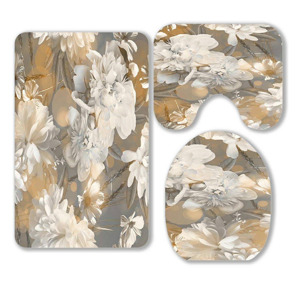 Vintage Floral White Peonies Bathroom Rug Set - 3 Piece Light Grey & Gold Contour Mat, Toilet Lid Cover | Non-Slip, Absorbent, Soft Bath Mat for Modern, Farmhouse, or Vintage Style Bathrooms