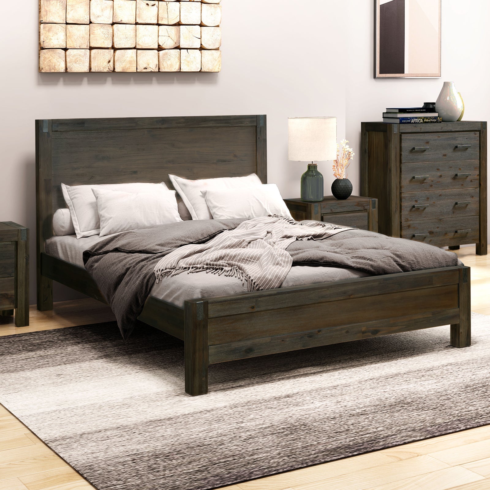 Bedzy Luxe Nowra Double Size Solid Wood Veneered Acacia Bed Frame in Chocolate - Premium Bedroom Furniture for Master & Guest Rooms