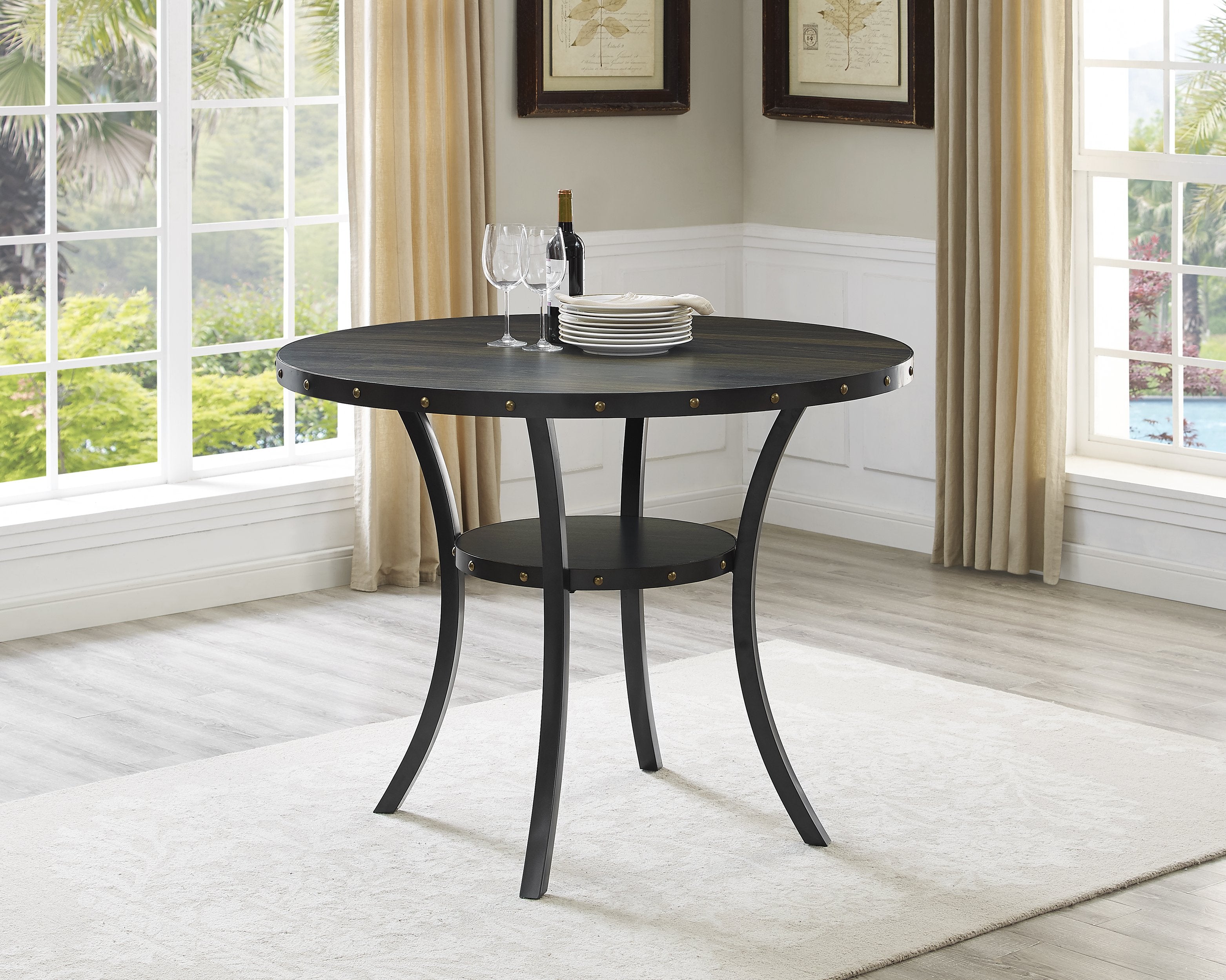 Roundhill Furniture Biony Counter Height Round Dining Table with Nailhead Trim - 36 Inch Espresso Wood Kitchen Table for Small Spaces, Breakfast Nook & Modern Dining Rooms