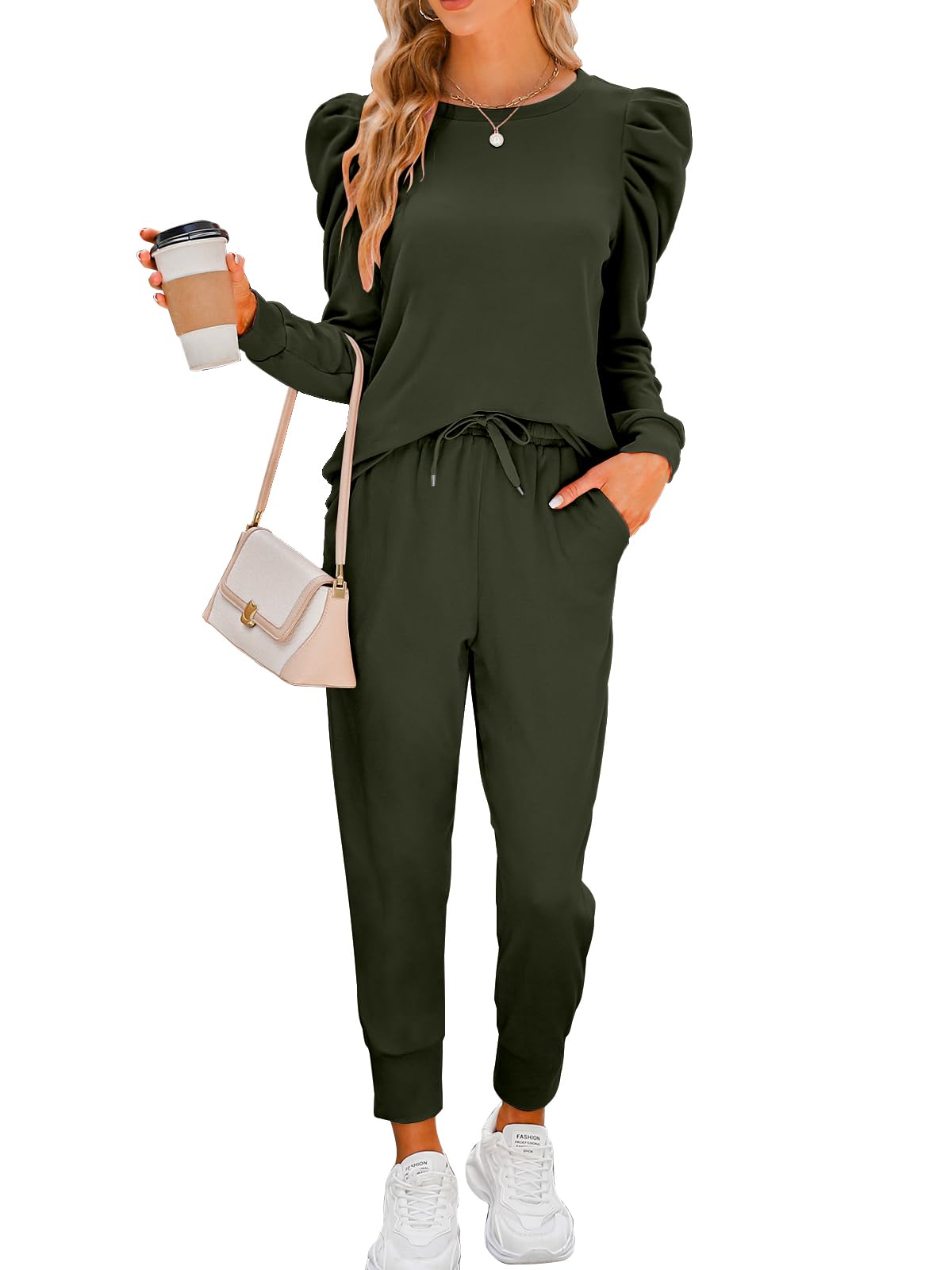 Onedreamer Women's 2-Piece Sweatsuit Set - Long Sleeve Puff Crewneck Sweatshirt & Jogger Pants | Cozy Lounge Wear for Home, Gym & Casual Outings