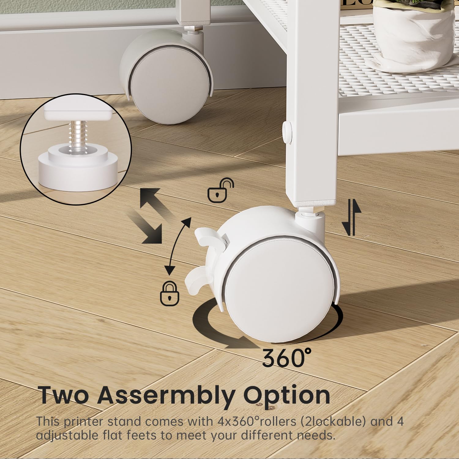 4-Tier Printer Stand with Charging Station & Storage - Mobile Printer Cart with Wheels for Home Office, Kitchen, Living Room - Perfect for Printer, Scanner Organization (White)