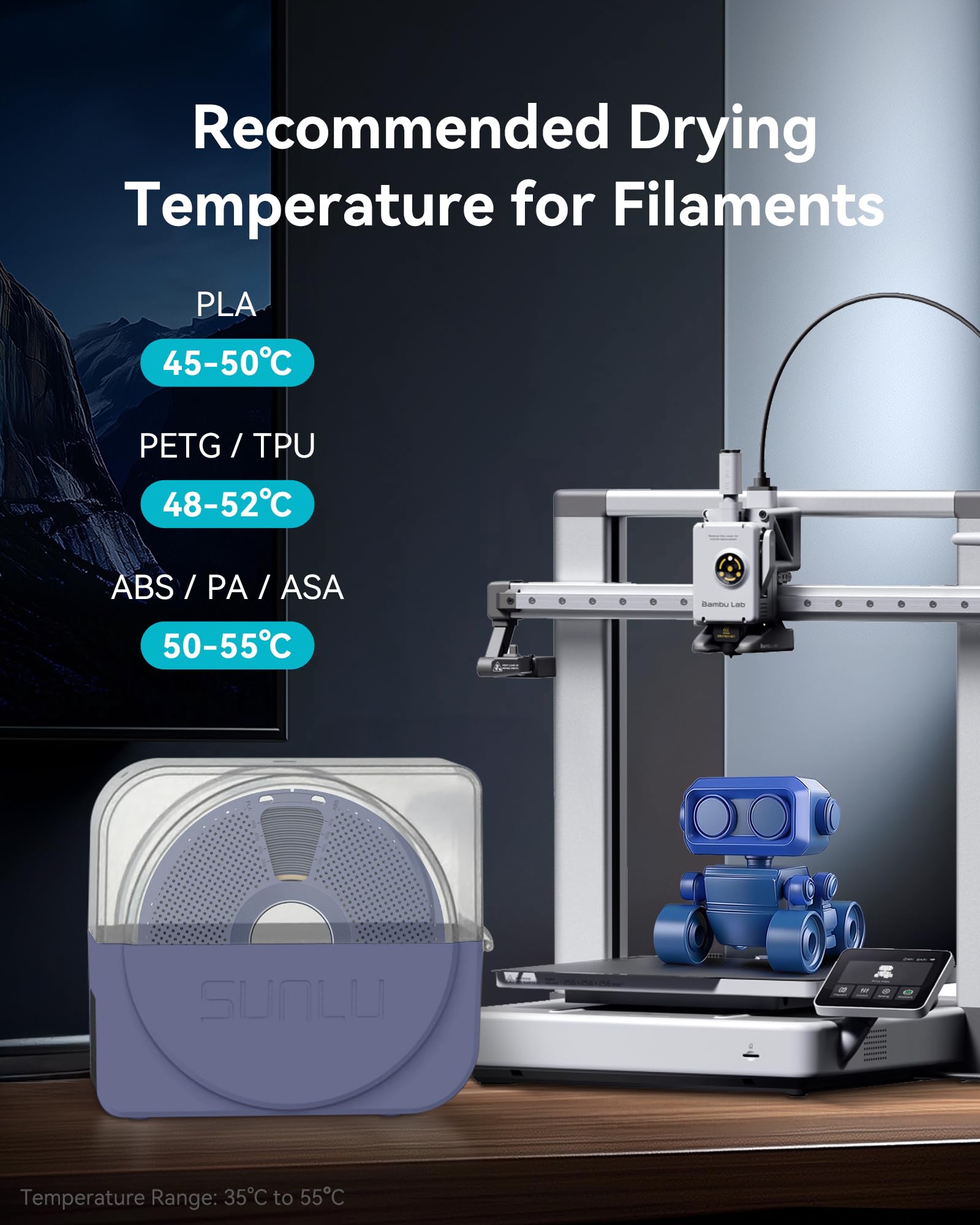 SUNLU Filament Dryer Box S1 - 3D Printer Filament Dehydrator & Storage, Compatible with PLA PETG ABS TPU ASA Filaments | Spool Holder & Humidity Control | Perfect for 3D Printing Workshops & Home Use (Blue Grey)