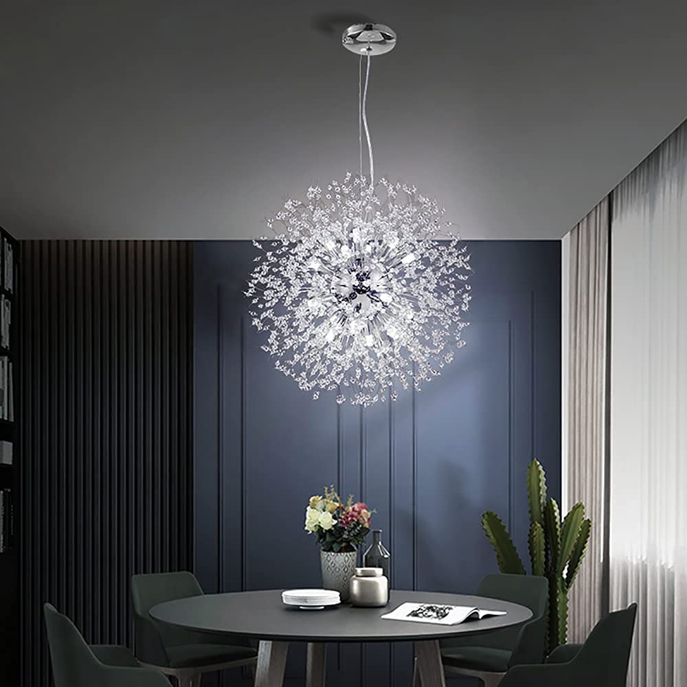 16-Light Modern Crystal Chandelier - Chrome Dandelion Firework Ceiling Light Fixture for Living Room, Dining Room, Kitchen & Bedroom | Elegant Home Lighting for Weddings, Parties & Luxury Interiors