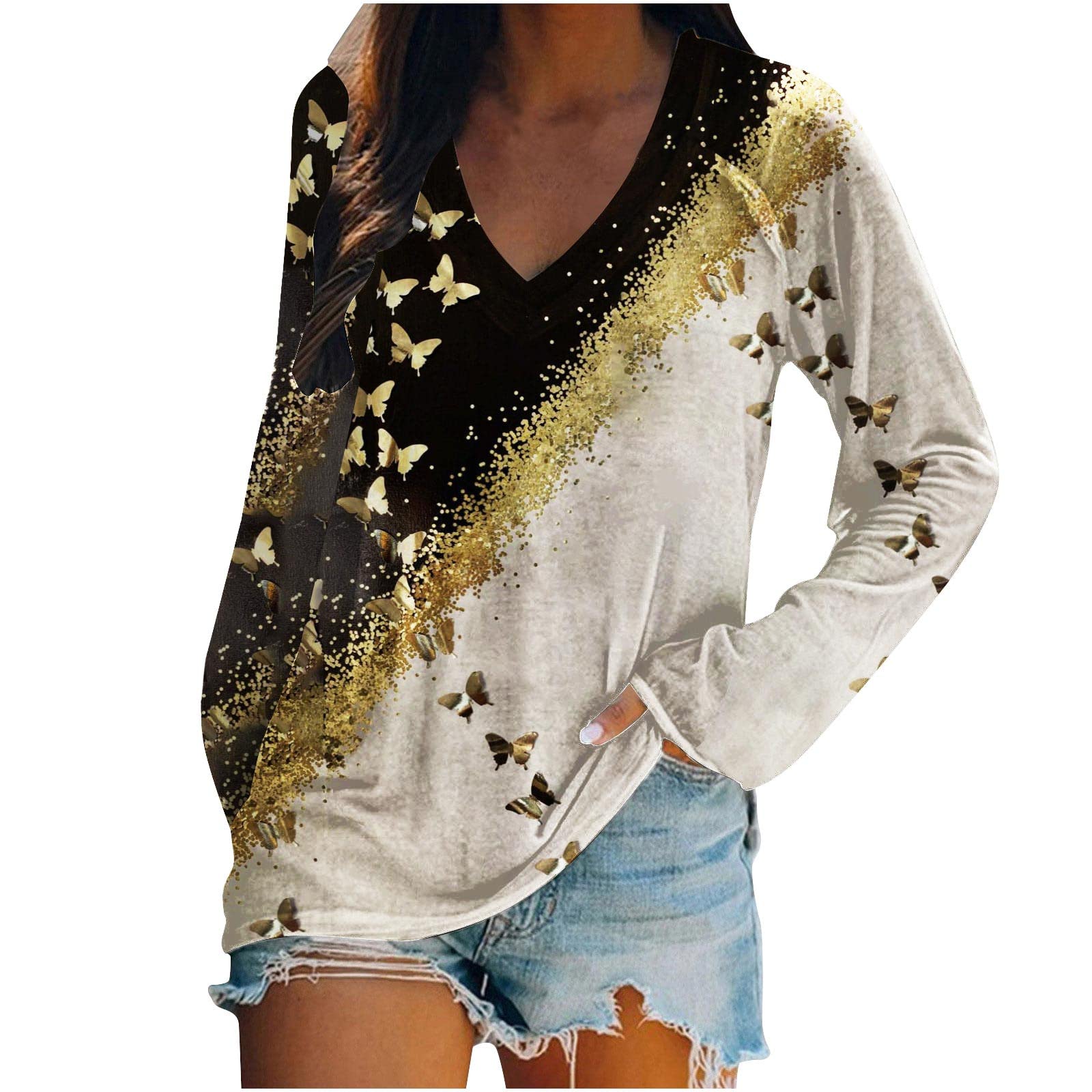 Women's Casual Butterfly Print Tunic Top - V-Neck Long Sleeve Loose Fit Blouse for Work, Travel & Everyday Wear | Fashion Pullover Shirt