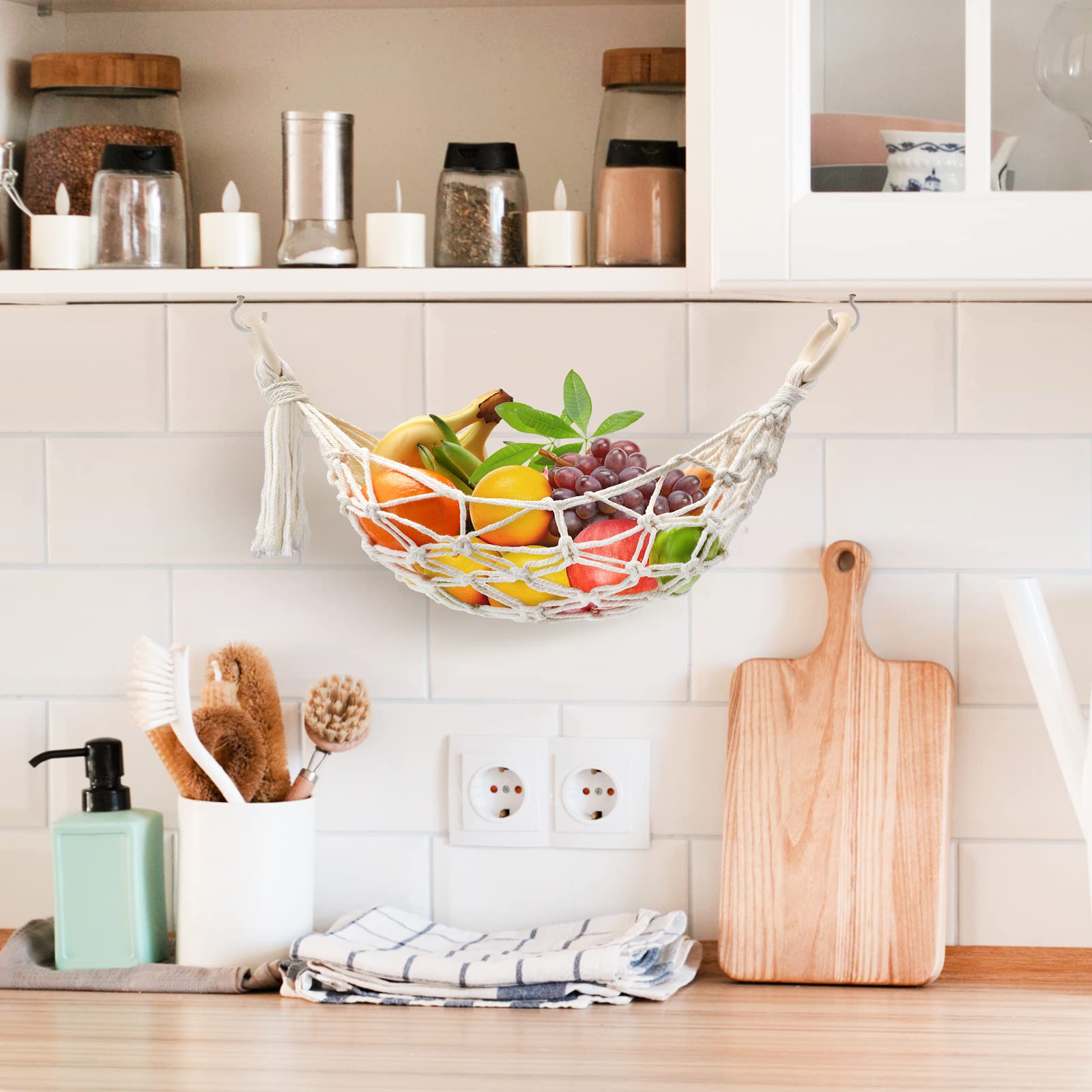 Hanging Fruit Hammock with Hooks - Under Cabinet Banana Storage Basket, Hand-Woven Lace Kitchen Décor Organizer for Fruits - Perfect for Small Kitchen Space Saving & Fresh Produce Display
