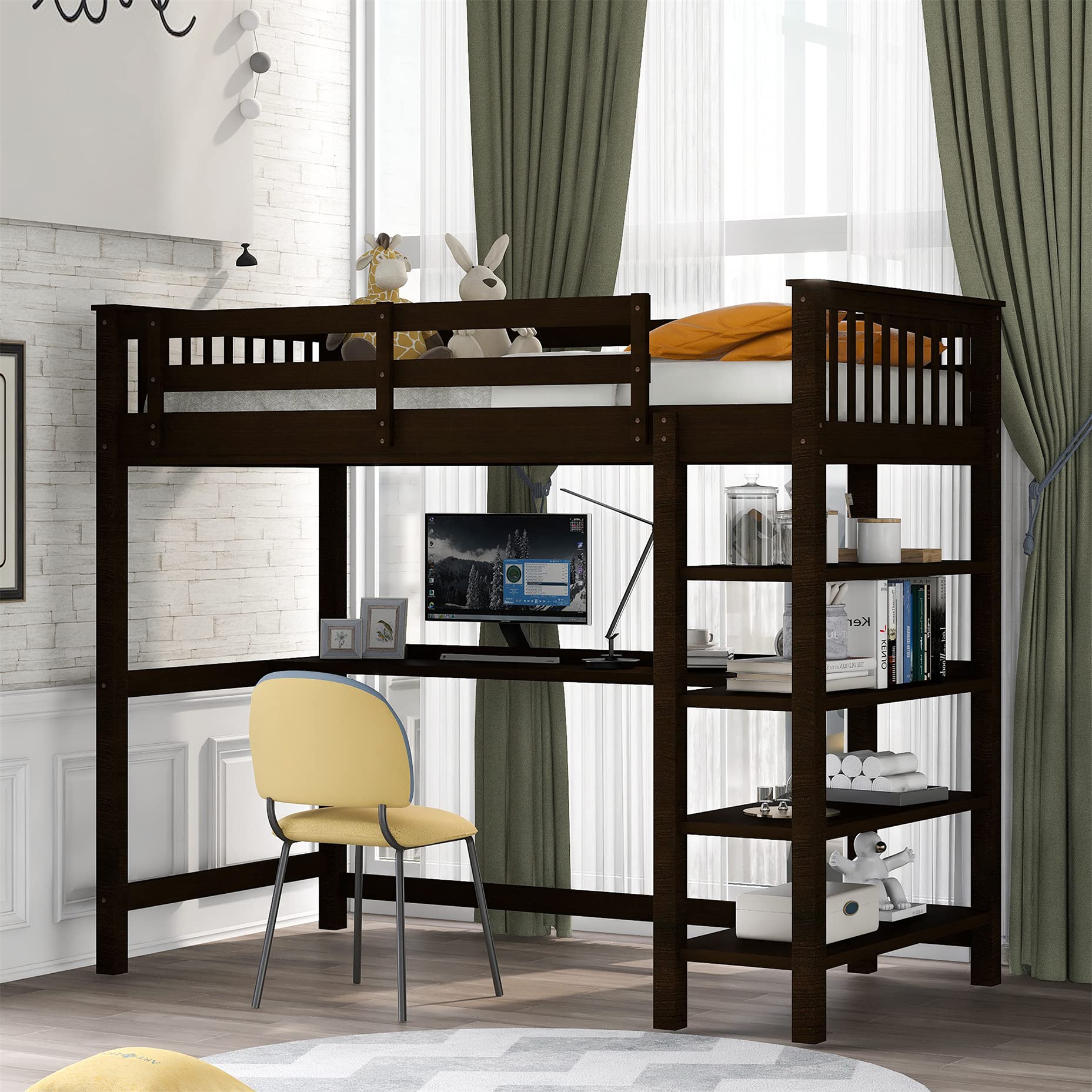 Harper & Bright Designs Twin Loft Bed with Desk, Storage Shelves, Ladder & Guard Rail - Sturdy Wood Loft Bed Frame for Kids, Teens & Adults (Espresso) - Perfect for Small Bedrooms, Dorms & Studio Apartments