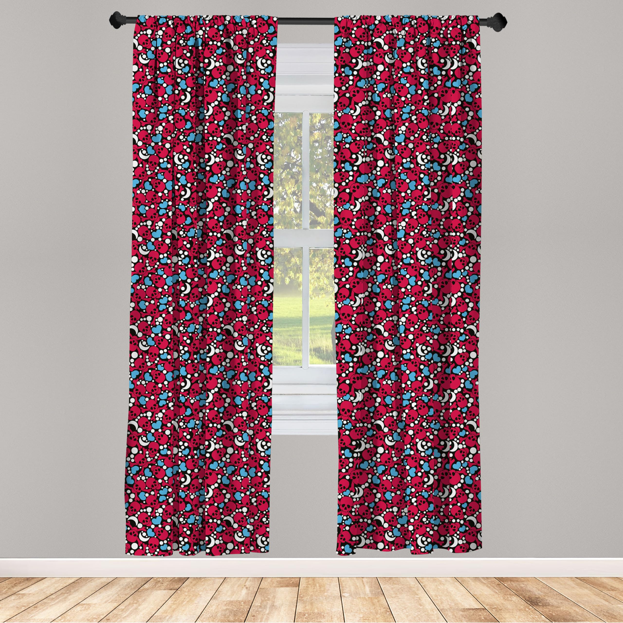 Ambesonne Gothic Skull Curtains - Black & Red Smiling Skulls with Hearts, Moons & Dots Print - 2 Panel Window Treatments (28x63 inches) for Living Room & Bedroom - Perfect for Halloween Decor, Horror Theme Rooms & Gothic Home Decor