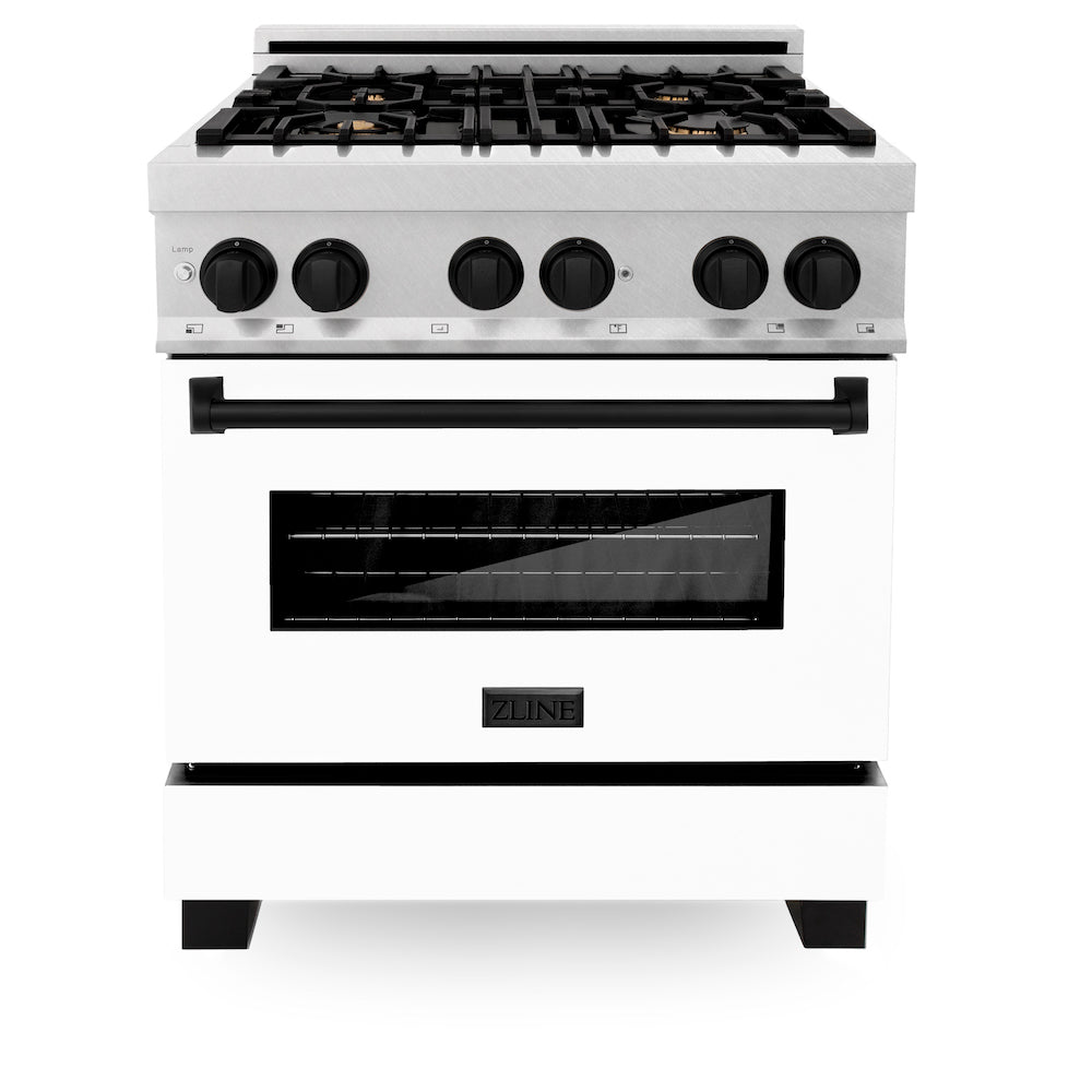 ZLINE Autograph Edition 30-inch 4.0 cu. ft. Dual Fuel Range - 4 Burner Gas Cooktop & Electric Convection Oven - Satin Stainless Steel with White Matte Door & Black Accents (RASZ WM 30 MB) - Perfect for Modern Kitchens & Professional Home Chefs