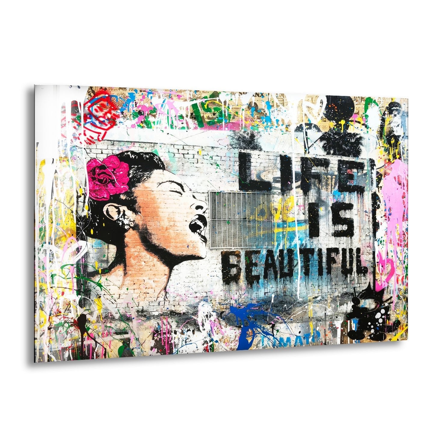 Banksy Life is Beautiful Glass Wall Art - Modern Home Decor for Living Room, Bedroom & Office - Unique Street Art Inspired Glass Print