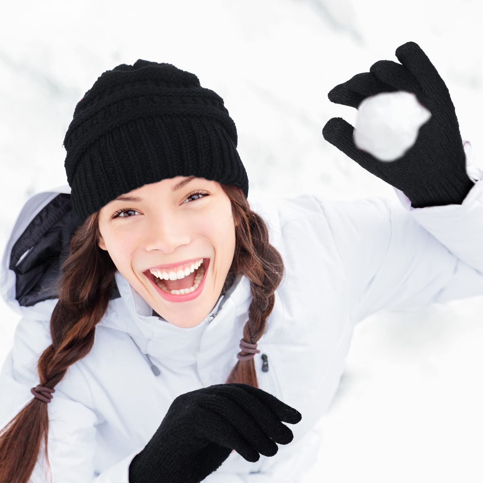 Winter Knit Beanie Hat & Touchscreen Gloves Set - Soft Slouchy Skull Cap & Gloves for Men & Women - Perfect for Cycling, Biking, Skiing & Outdoor Winter Activities (2-Pack)