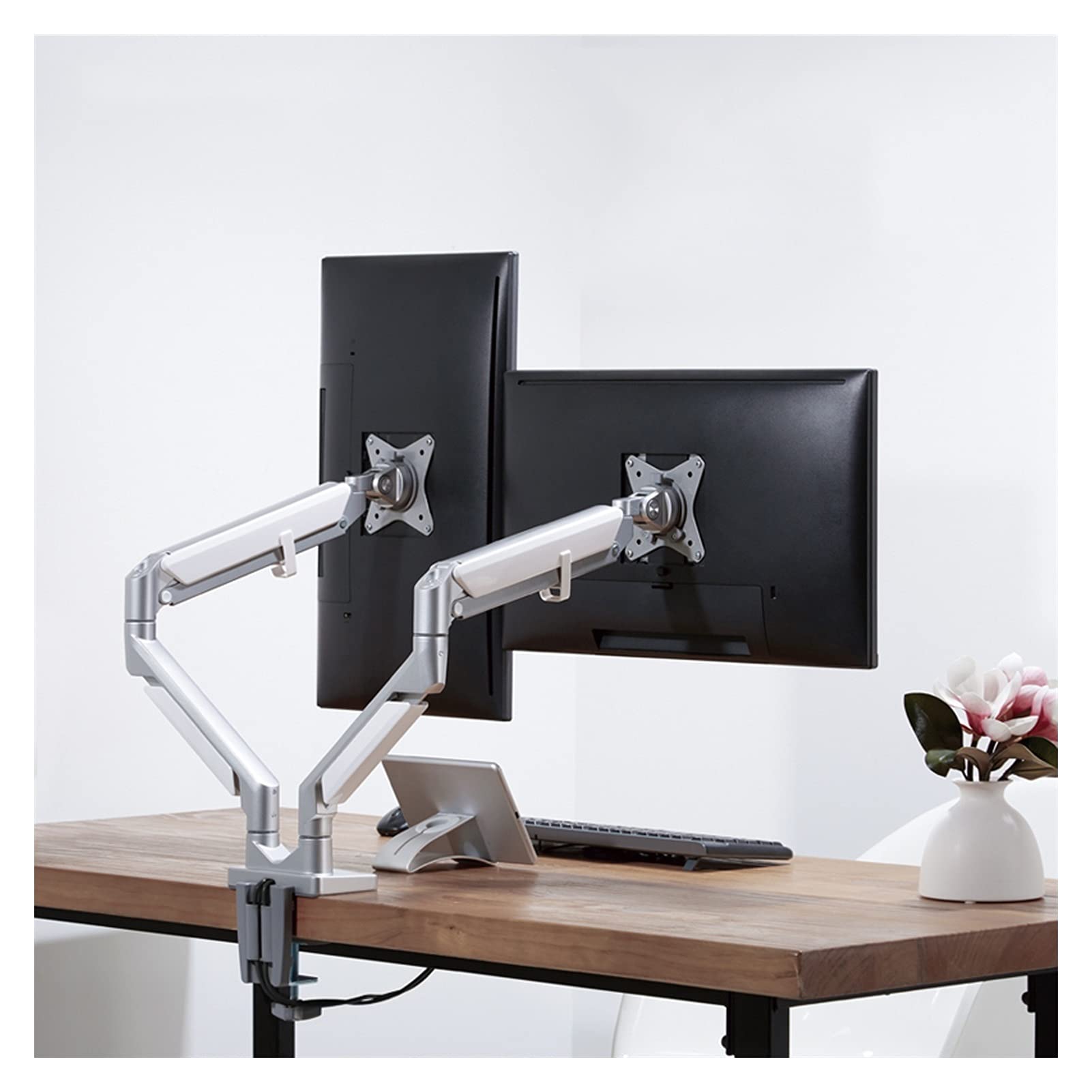 Ergonomic Dual Monitor Stand with USB Ports - Adjustable Swing Arm Desk Mount for 17-32 Inch Screens (C-Clamp & Grommet Base) - Perfect for Home Office, Gaming Setup & Workspace Organization