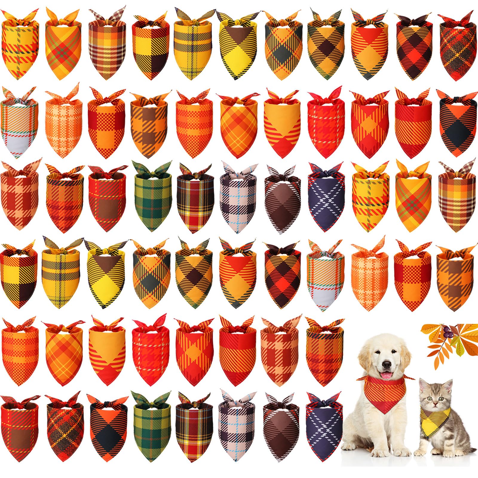 Sweetude 60 Pcs Fall Thanksgiving Plaid Dog Bandanas - Bulk Adjustable Washable Pet Scarves for Small to Large Dogs & Cats - Thanksgiving Pet Costume Accessories & Grooming Supplies - Perfect for Holiday Photos, Parties & Seasonal Decor