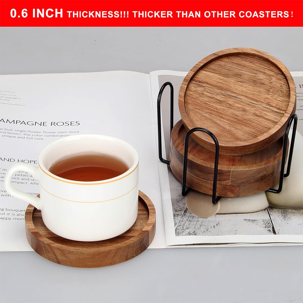 4 Pcs Farmhouse Wooden Coasters with Holder - Rustic Drink Coaster Set for Beer, Coffee & Wine - Home Decor for Kitchen, Dining Table, Bar & Outdoor Use - Perfect Gift Idea for Housewarming & Parties
