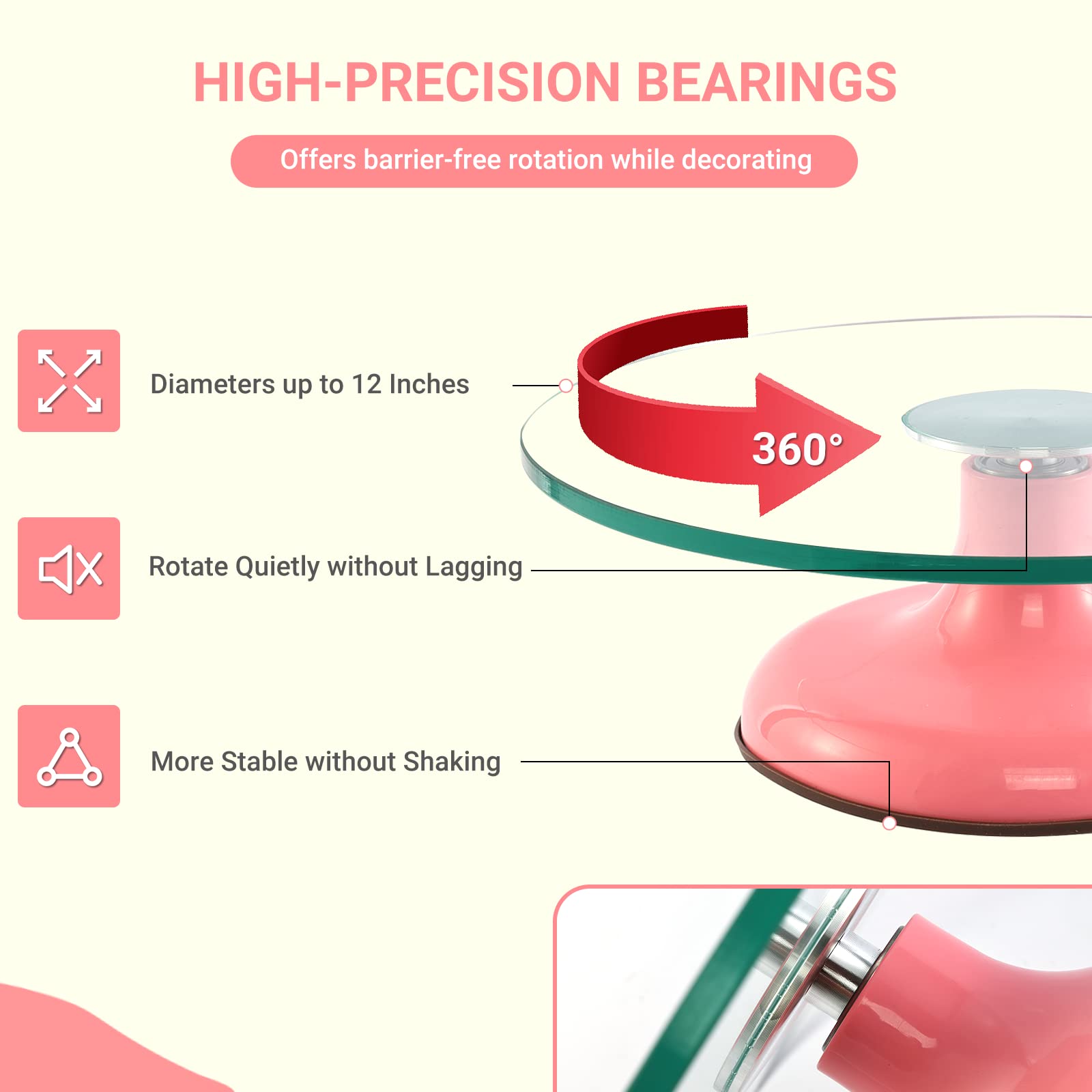 12 Inch Pink Glass Cake Turntable - Premium Cake Spinner Stand for Baking & Decorating | Perfect for Birthday Cakes, Wedding Cakes, Cupcakes & Dessert Presentation | Essential Cake Decorating Supplies & Tools for Home Bakers & Professionals
