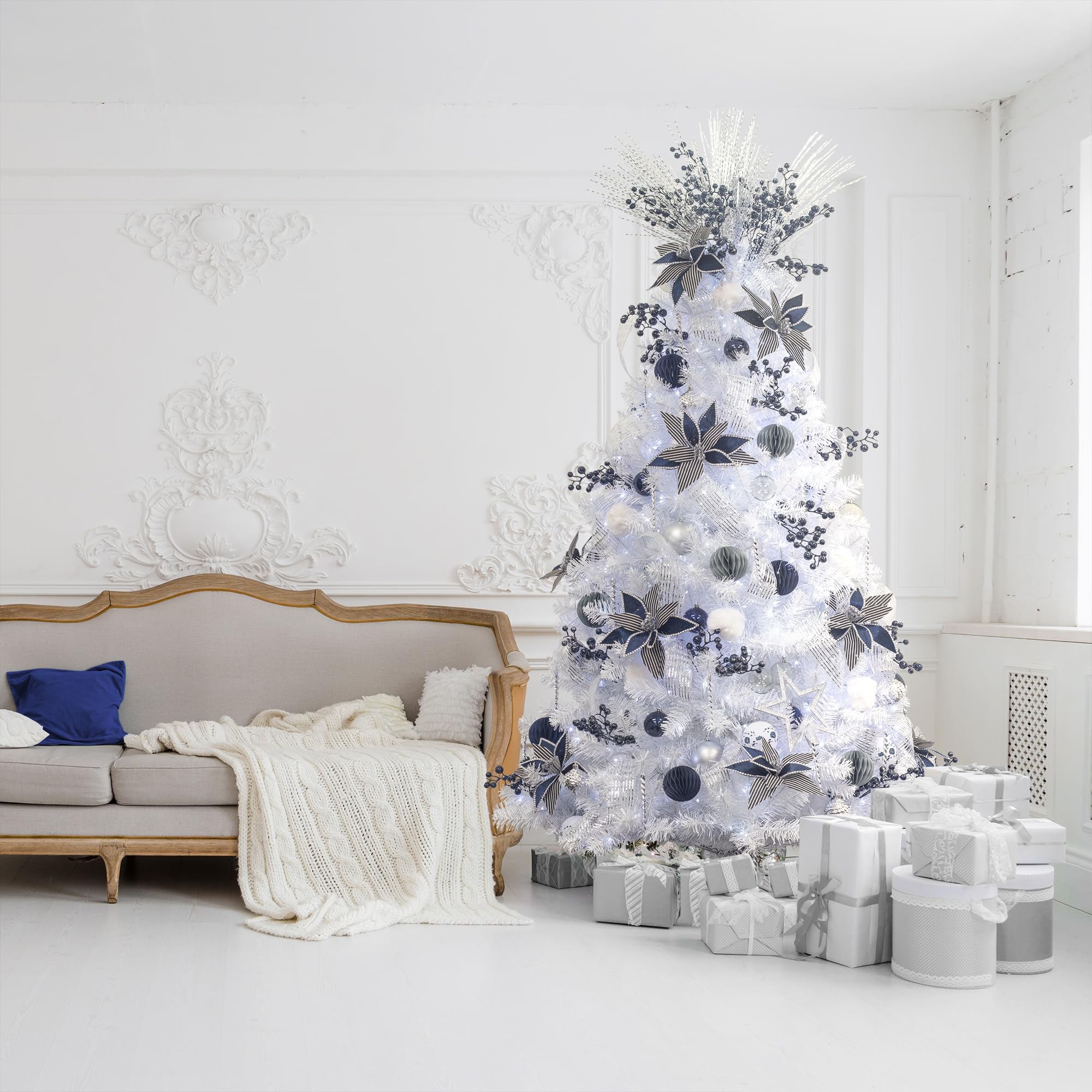 6ft Pre-Lit Christmas Tree with Remote & Timer - White Artificial Xmas Tree with Ornaments & USB LED Lights - Perfect for Home, Office & Holiday Decorations