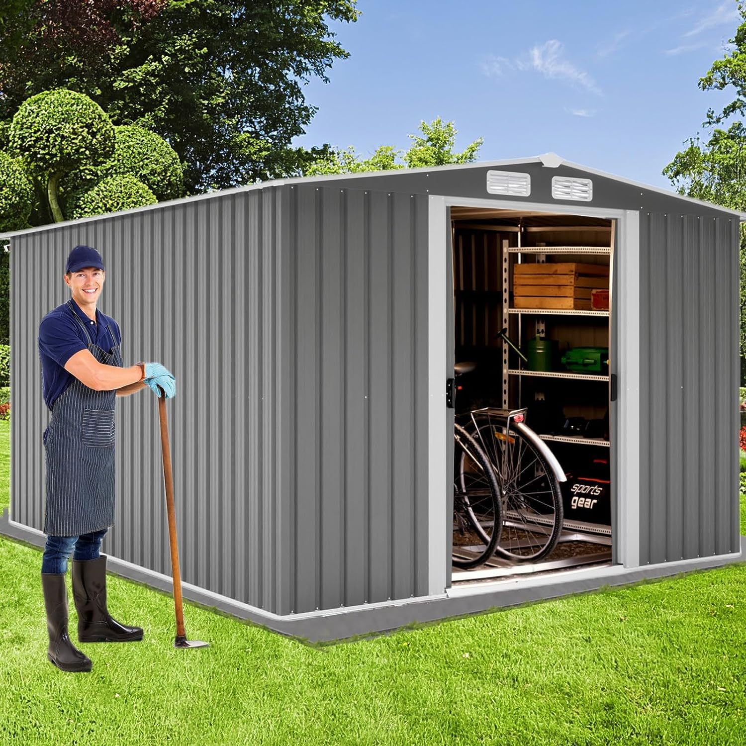 Morhome 8x6 FT Outdoor Storage Shed - Waterproof Metal Garden Shed with Lockable Door | Weather-Resistant Steel Tool Storage for Yard, Garden, Patio & Lawn | Perfect for Storing Tools, Equipment & Seasonal Items