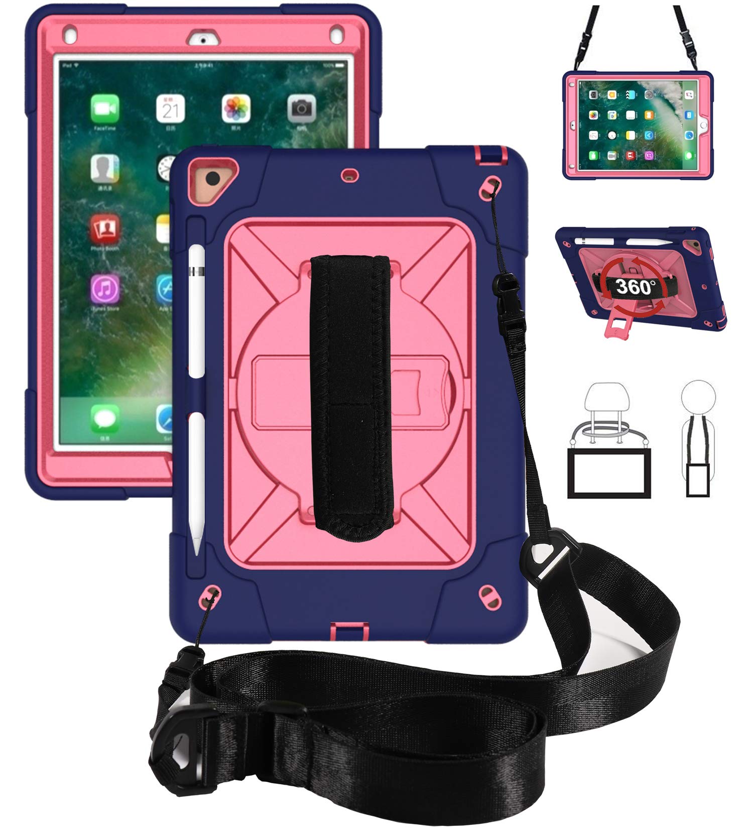 Premium 360° Rotating Handle Kickstand Case for iPad Air 2/iPad Pro 9.7 (2016) & iPad 6th/5th Gen (2017/2018) - Shockproof with Pencil Holder & Adjustable Shoulder Strap (Navy Blue + Rose Red) - Perfect for Work, Travel & School Use