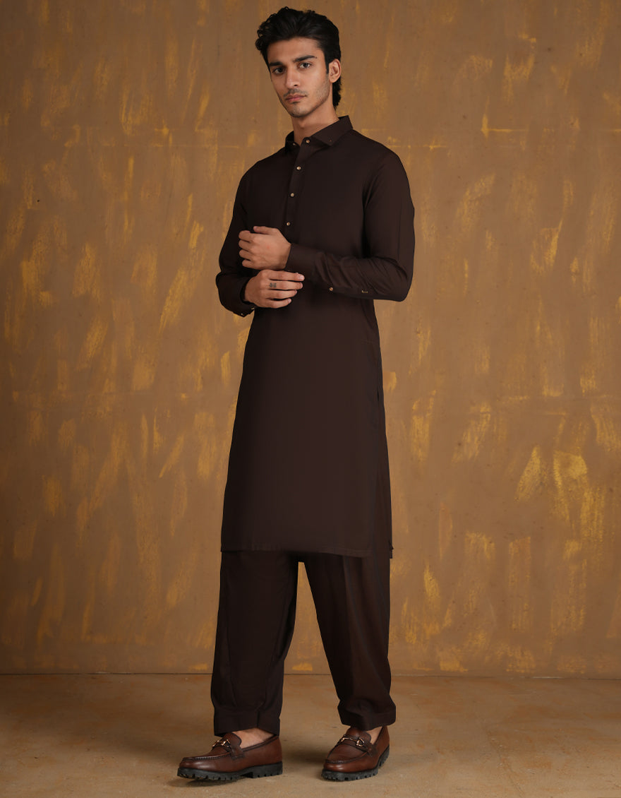 Elegant Blended Brown Shalwar Kameez by J. Junaid Jamshed - Premium Pakistani Traditional Outfit for Men - Perfect for Weddings, Eid & Special Occasions